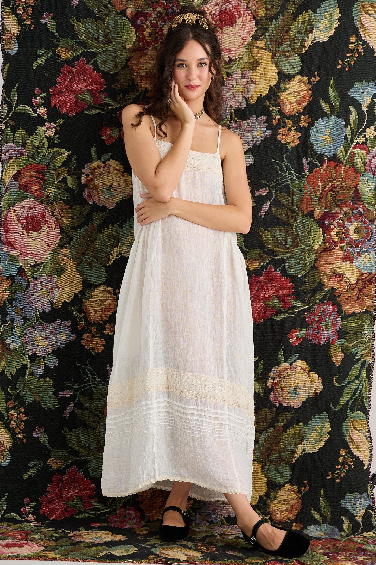 Isadore Long linen gauze cami dress. Cream Puff