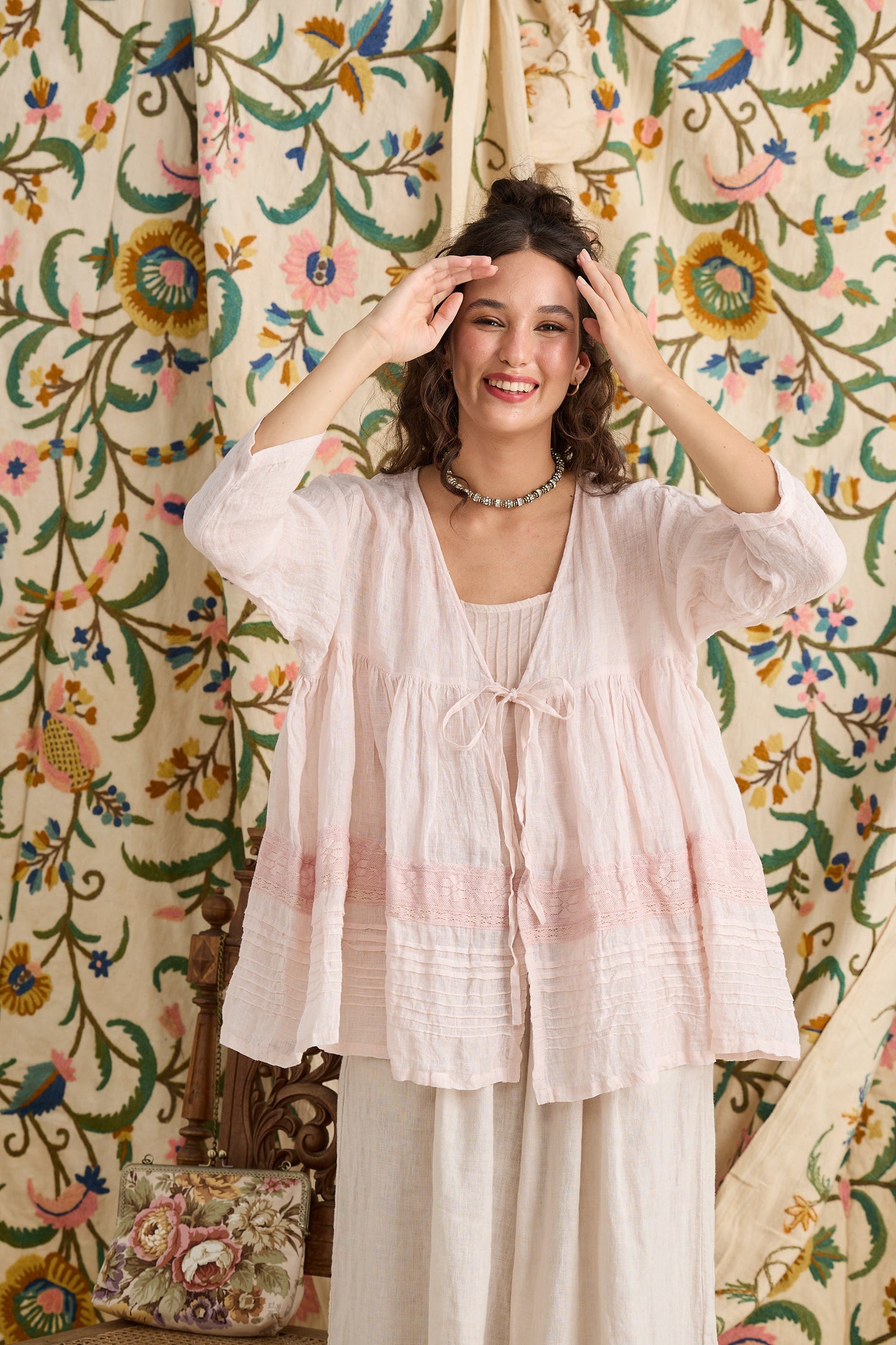 Elodie short Linen gauze and lace jacket. Licorice