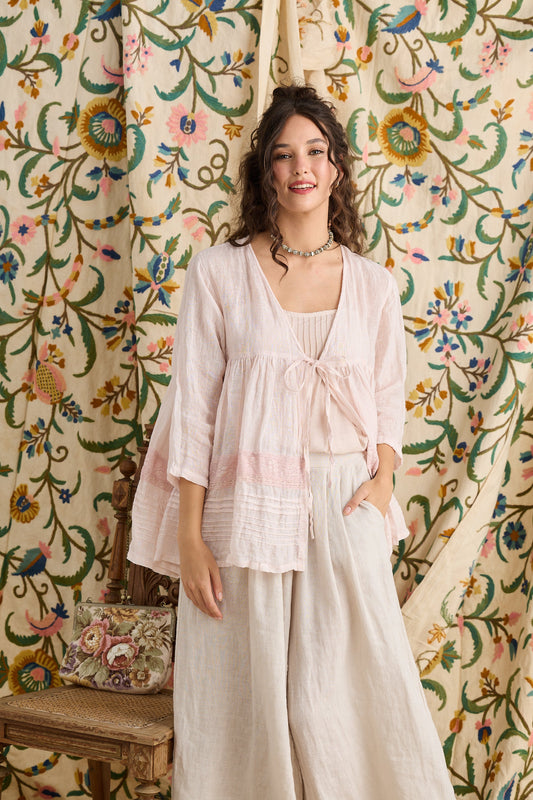 Elodie Linen Gauze and lace short jacket.  Powder Pink