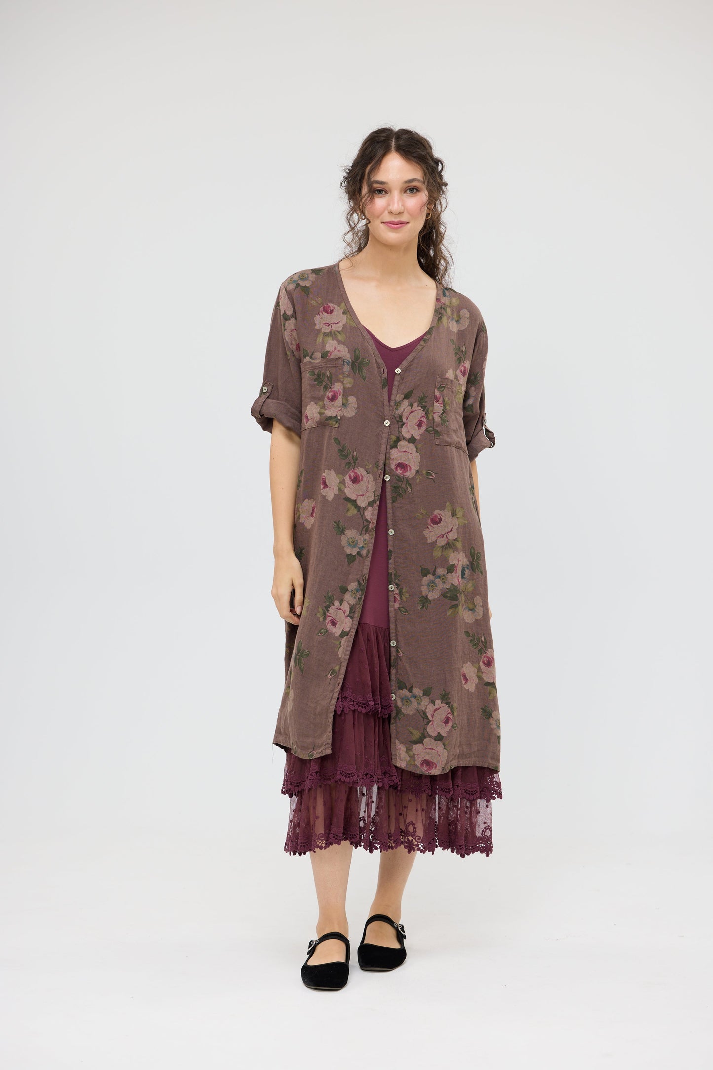 Abigail Linen floral dress. Smoke