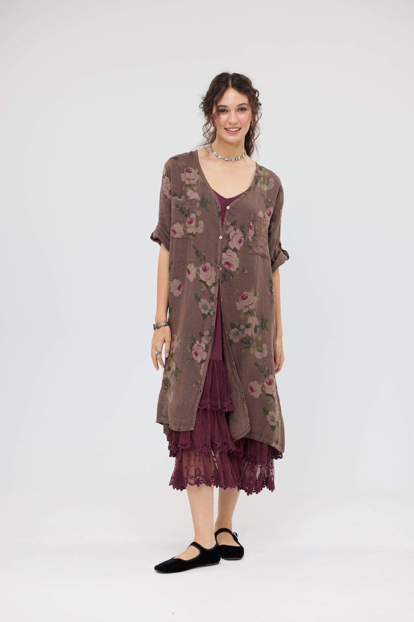 Abigail Linen floral dress. Smoke