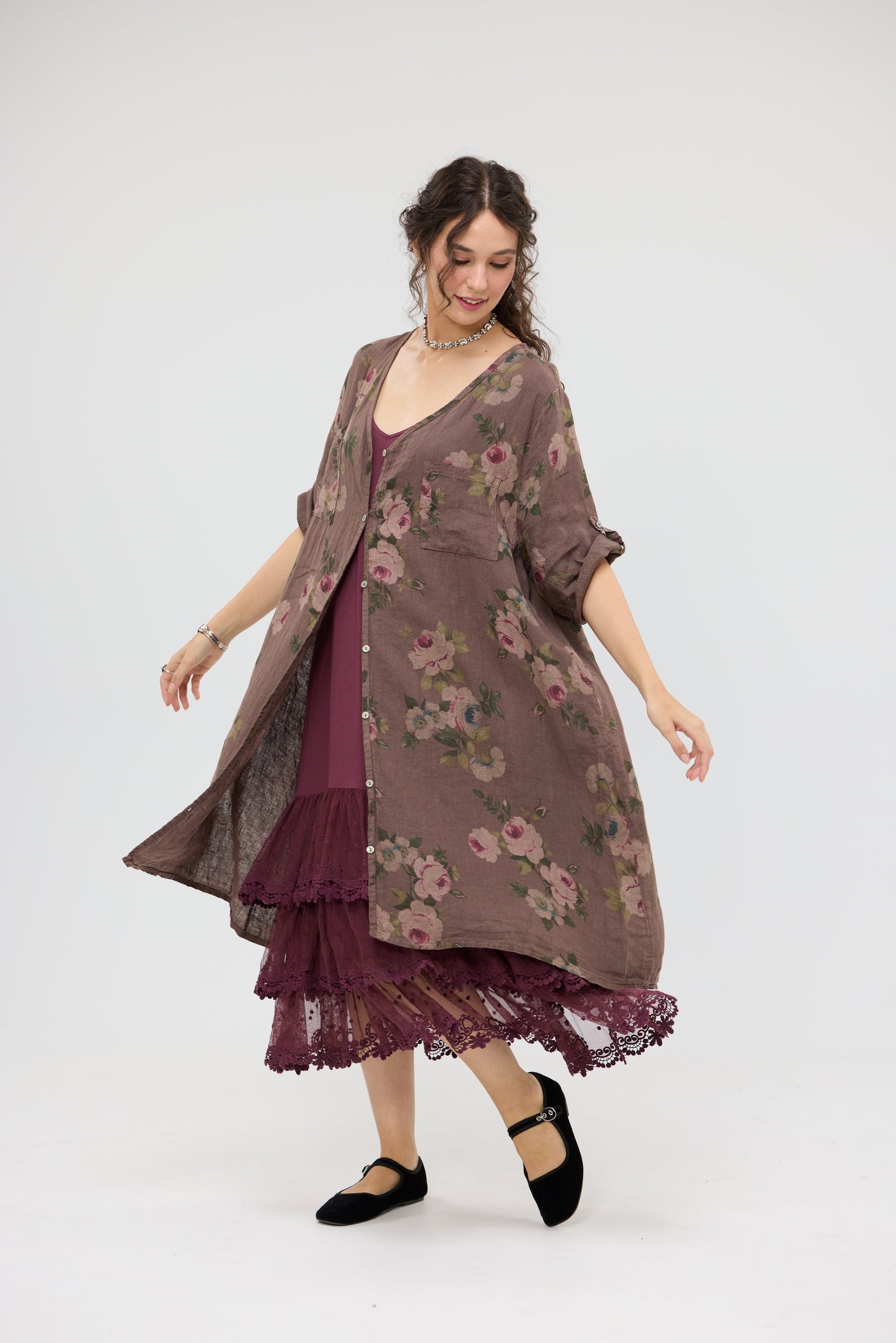 Abigail Linen floral dress. Smoke