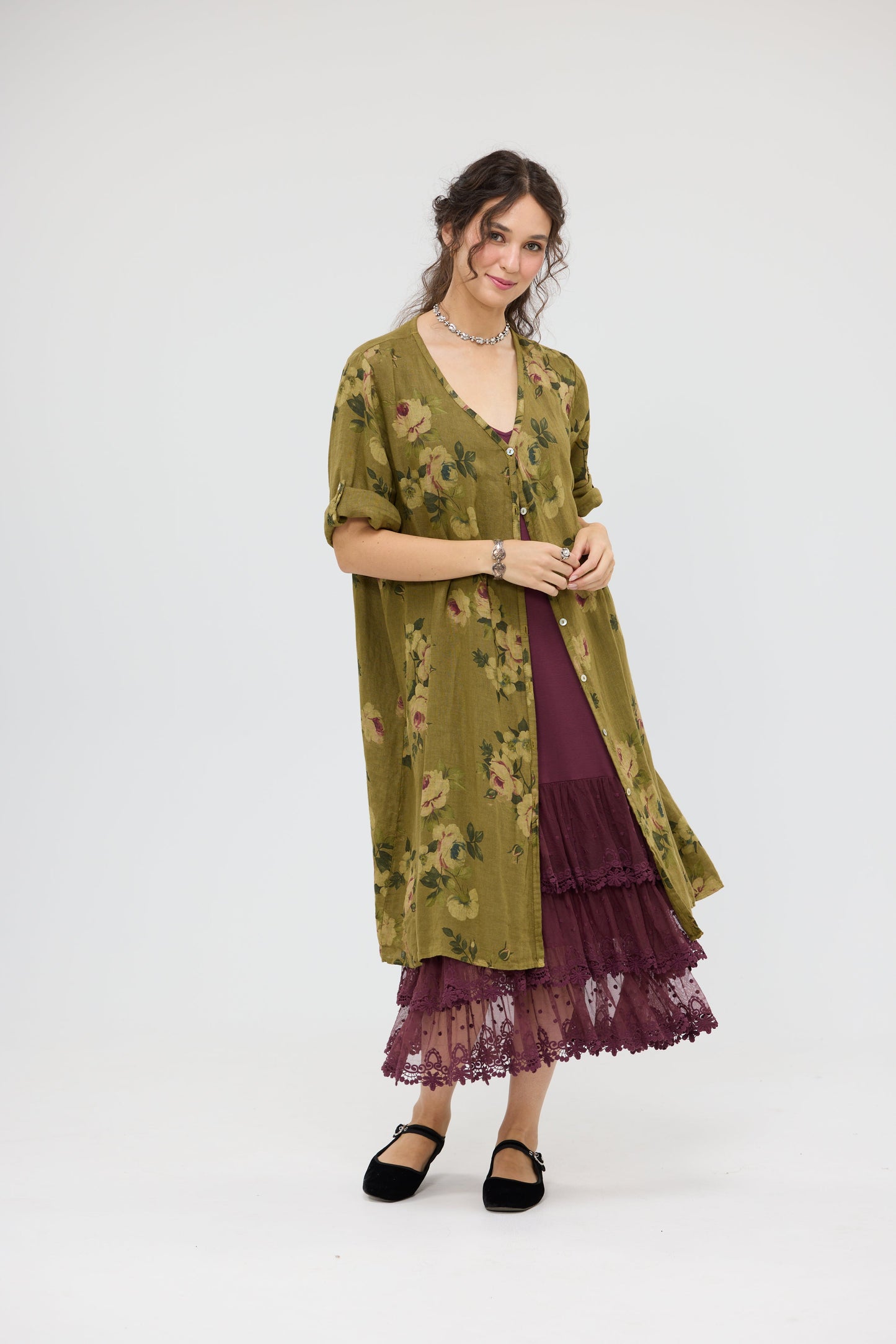 Abigail Linen floral dress. Olive Green