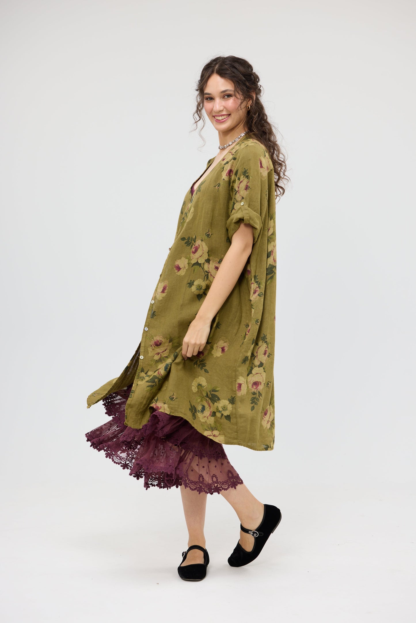 Abigail Linen floral dress. Olive Green