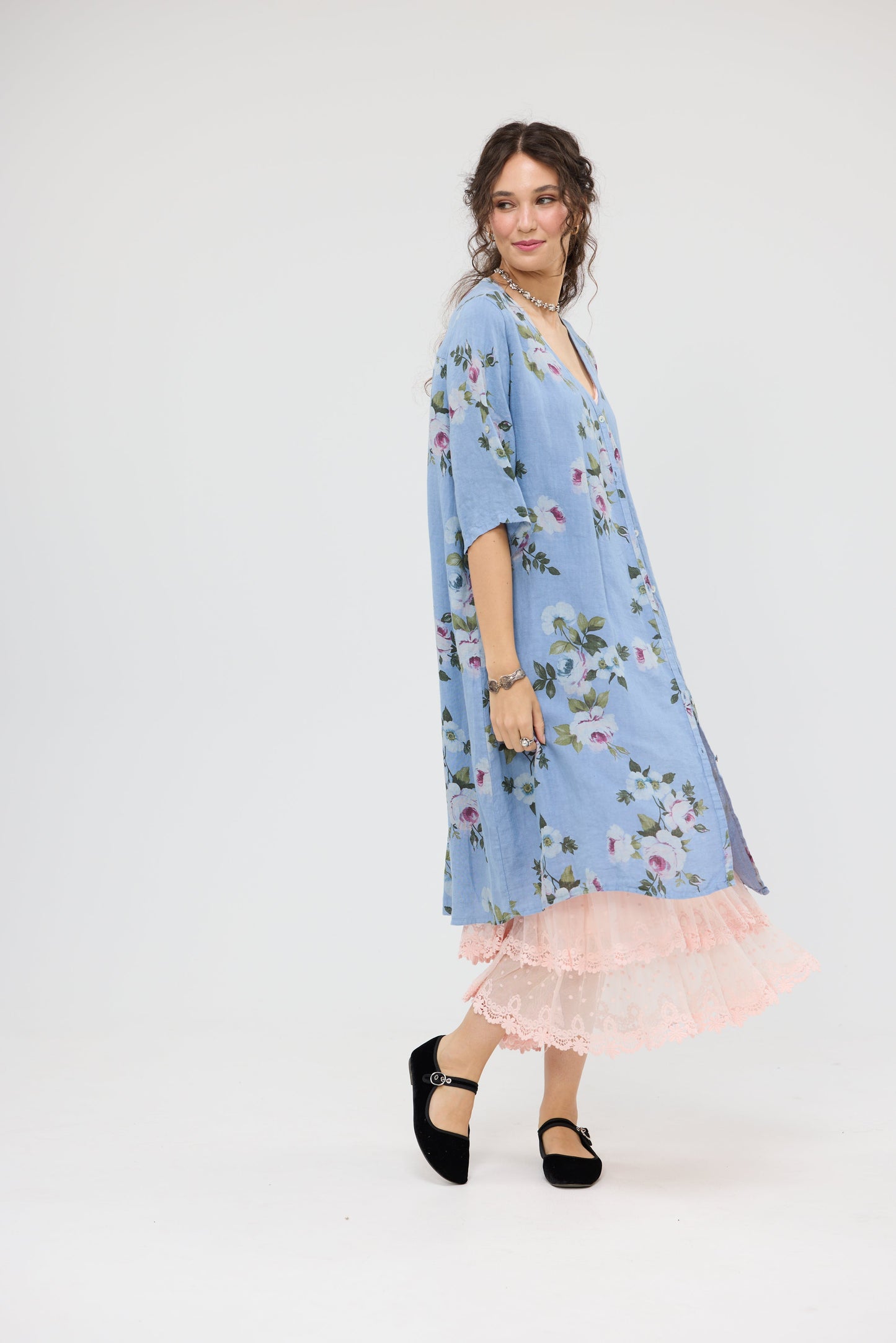 Abigail Linen floral dress. Blue Rose