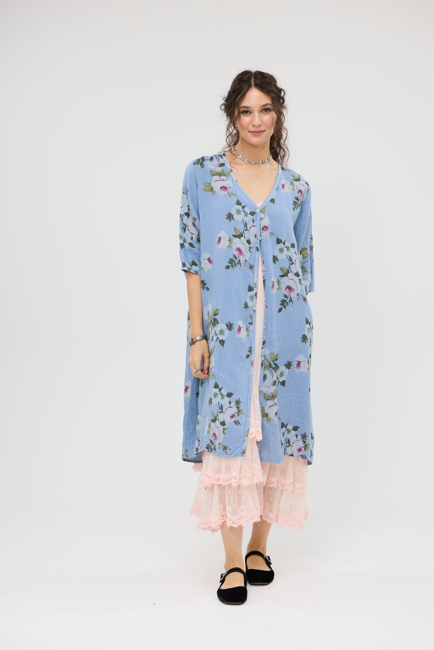 Abigail Linen floral dress. Blue Rose