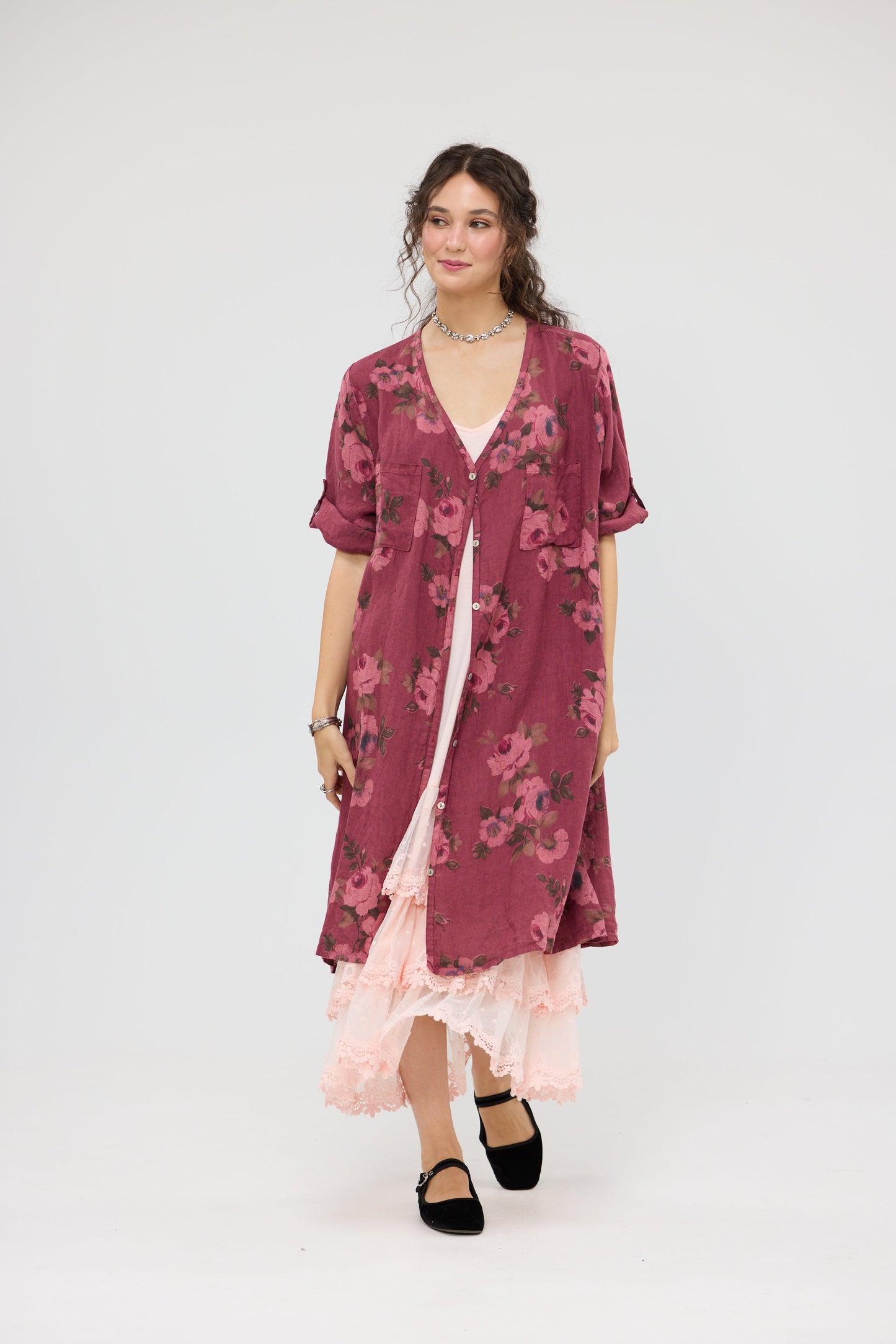 Abigail Linen floral dress . Bordeaux