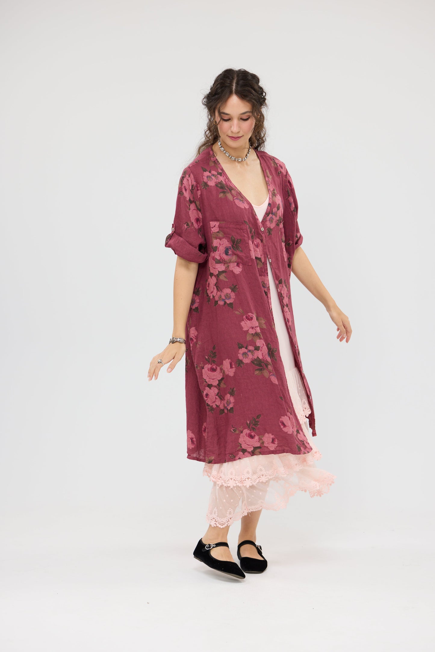 Abigail Linen floral dress . Bordeaux