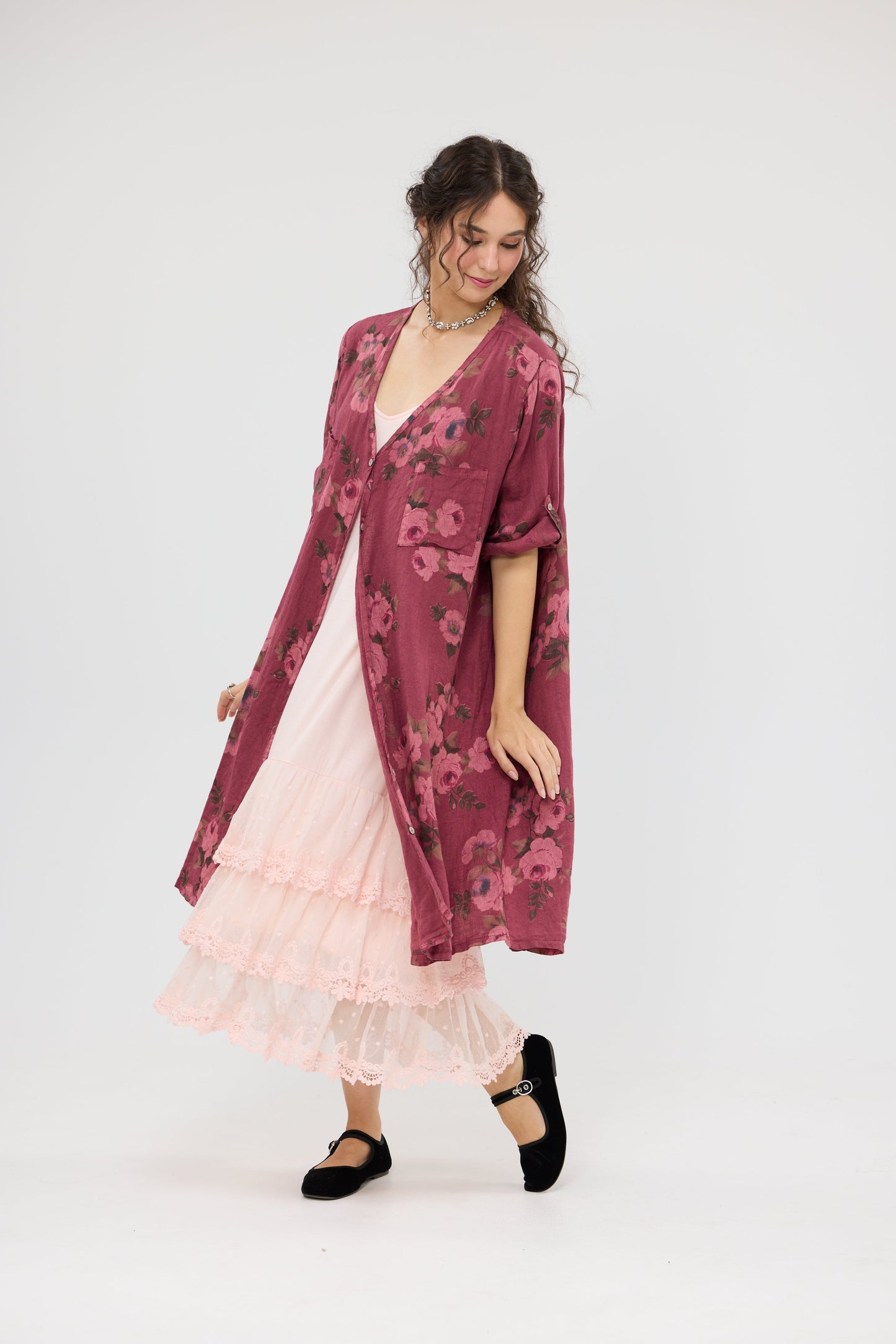 Abigail Linen floral dress . Bordeaux