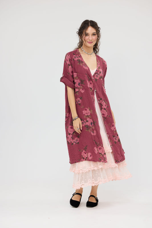 Abigail Linen floral dress . Bordeaux