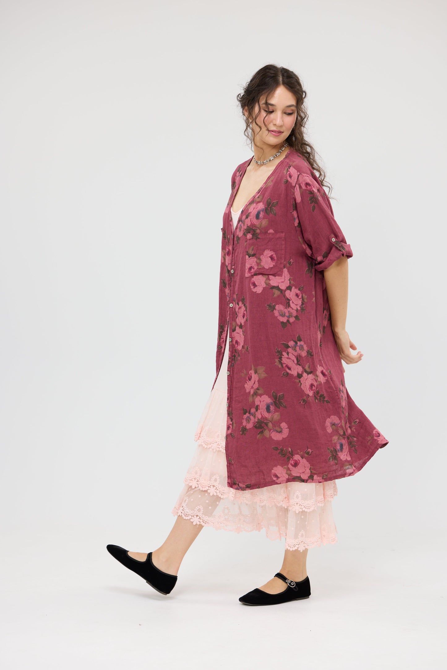 Abigail Linen floral dress . Bordeaux