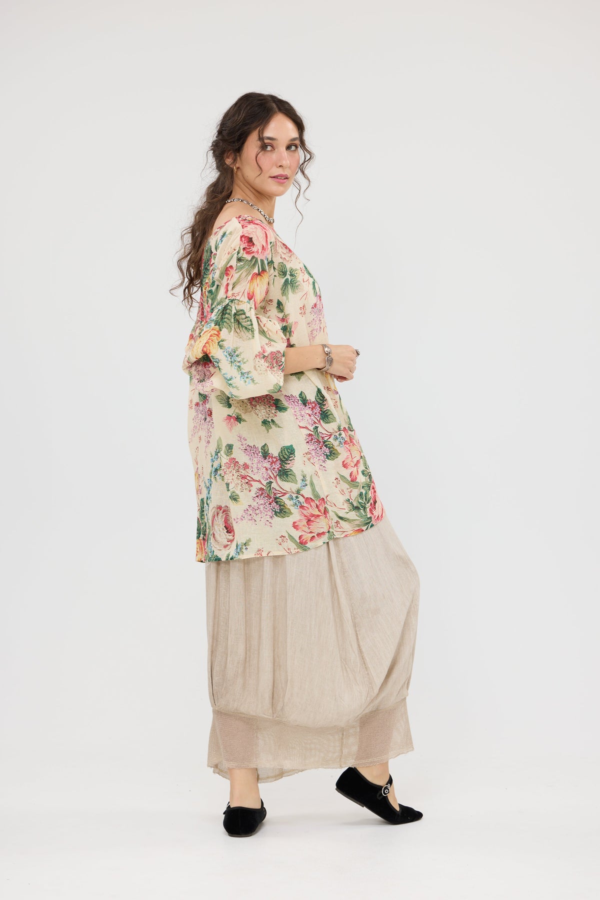 Florist. Linen and Cotton Botanical bouquet top in a fluid Romantic vintage inspired style.
