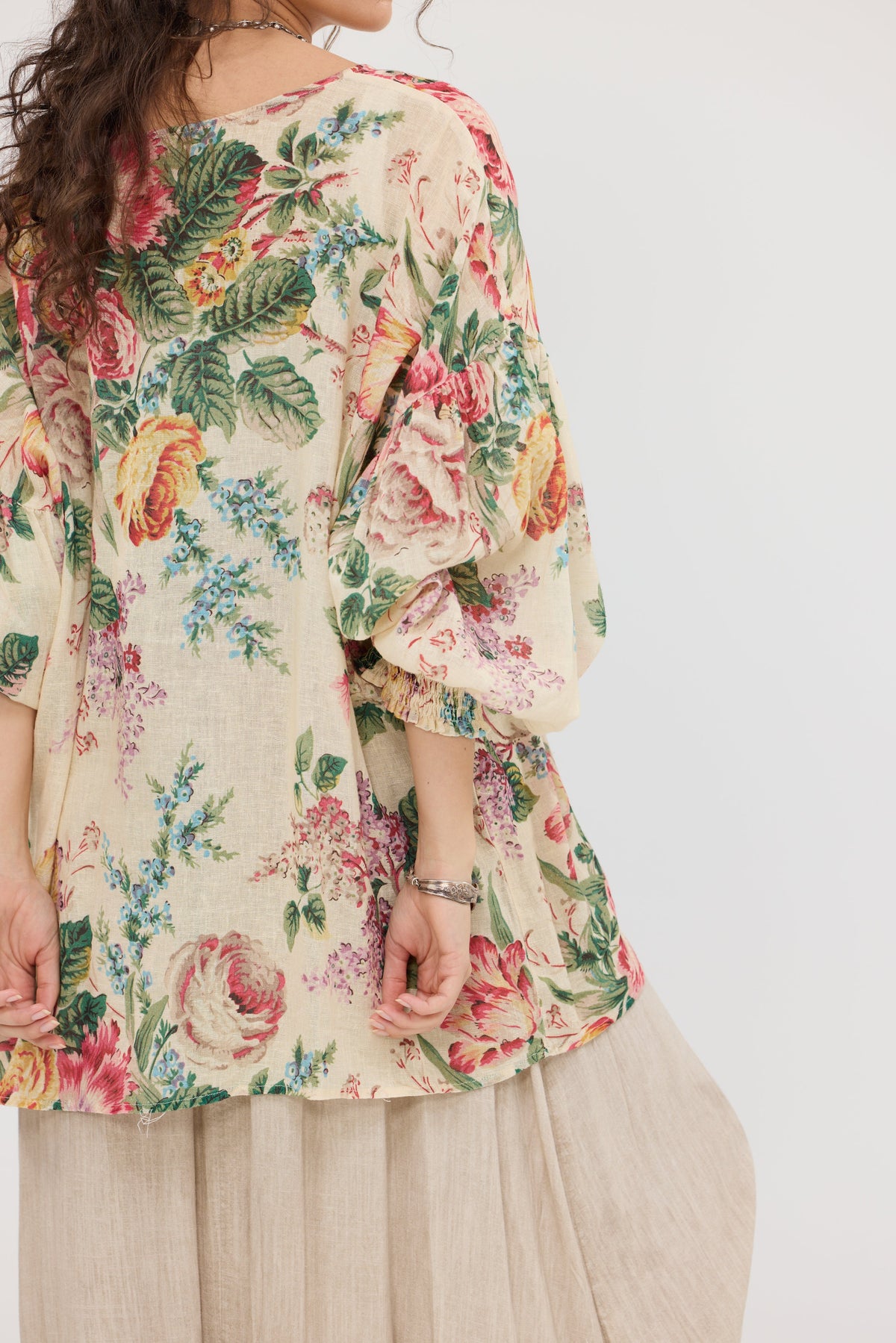 Florist. Linen and Cotton Botanical bouquet top in a fluid Romantic vintage inspired style.