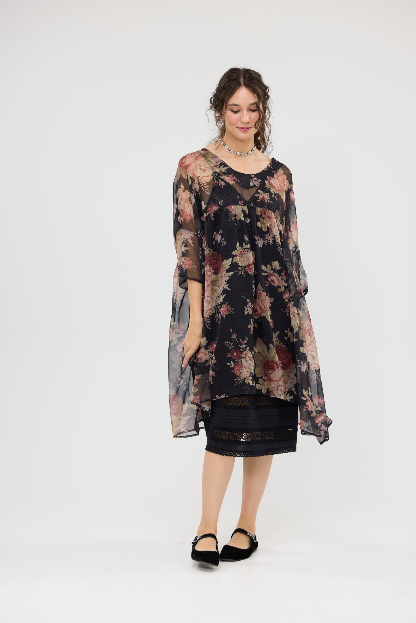 Larkspur Chiffon oversize dress. Midnight Rose.