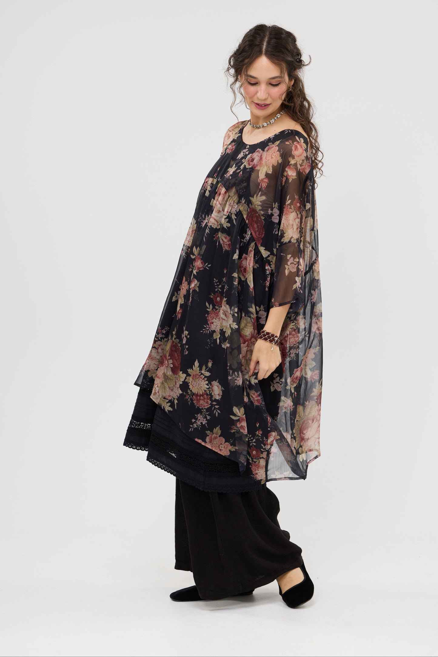 Larkspur Chiffon oversize dress. Midnight Rose.