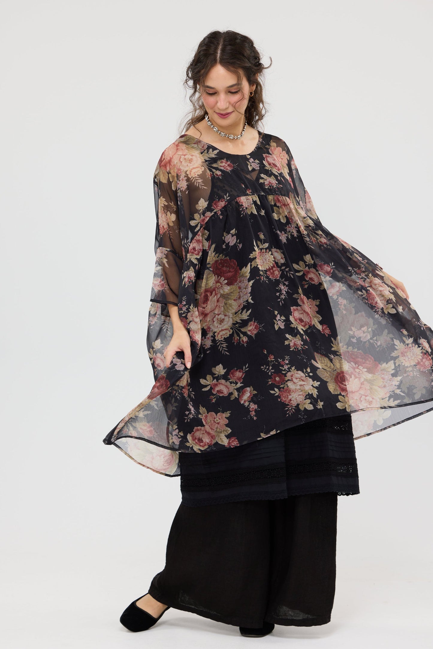Larkspur Chiffon oversize dress. Midnight Rose.