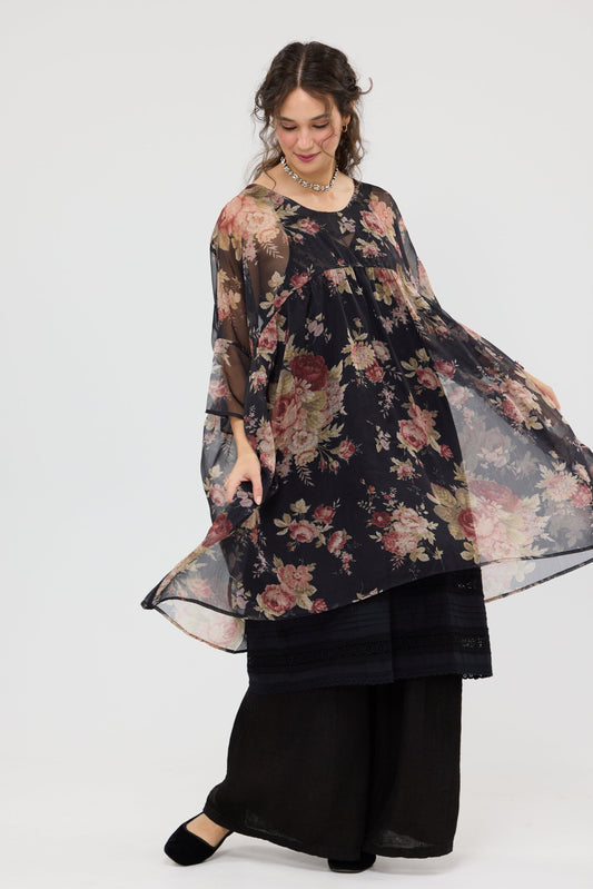 Larkspur Chiffon oversize dress. Midnight Rose.