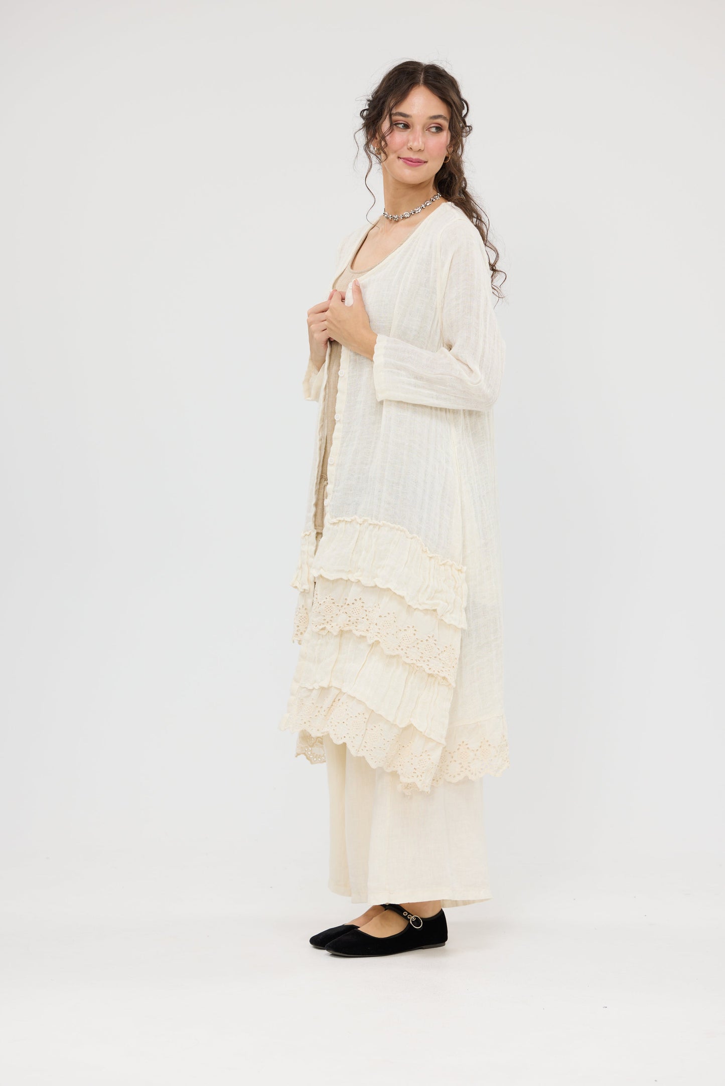 Florette Linen and Lace long Coat . Coconut
