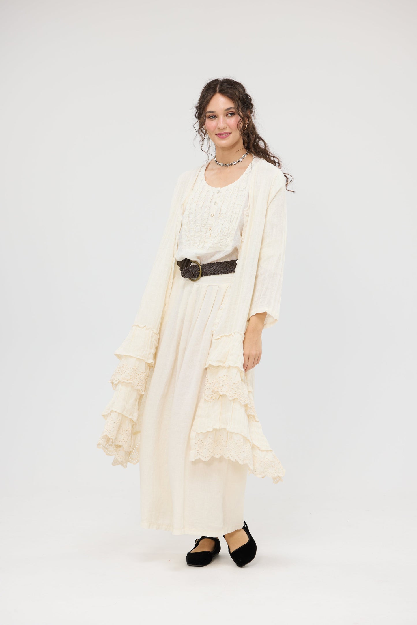 Florette Linen and Lace long Coat . Coconut