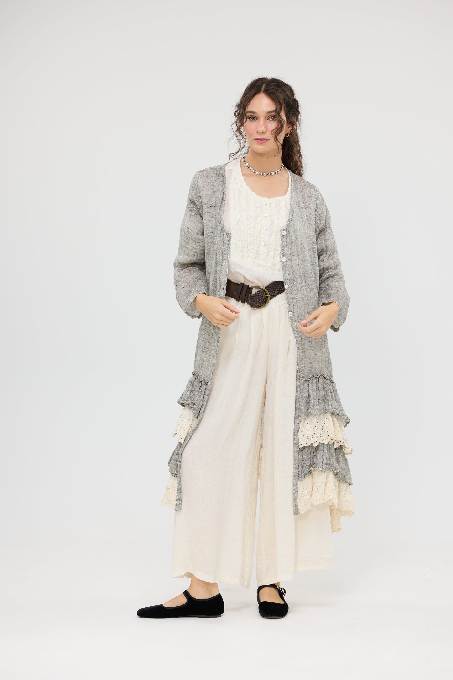 Florette Linen and lace coat. Mist Grey