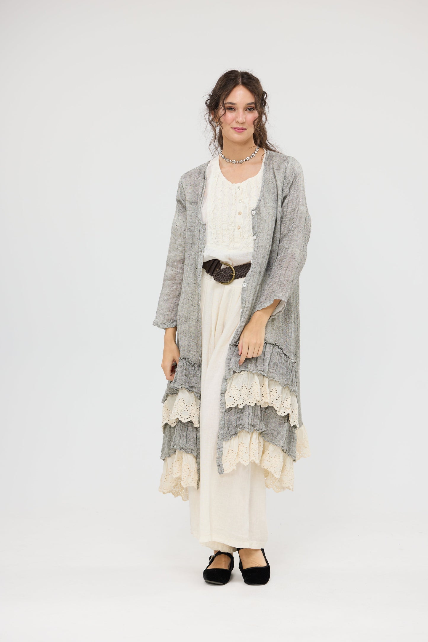 Florette Linen and lace coat. Mist Grey