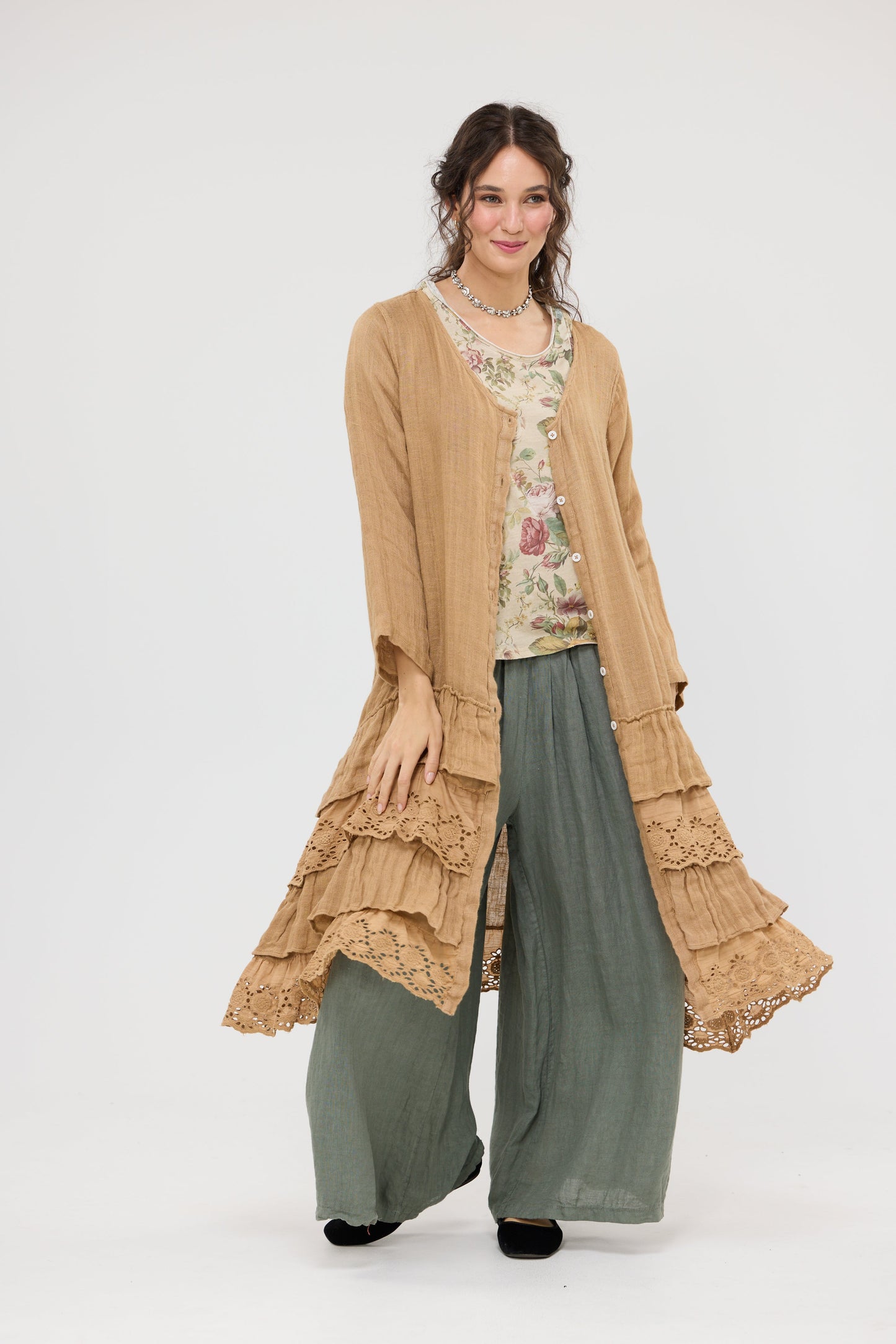 Florette Linen and lace coat. Tobacco