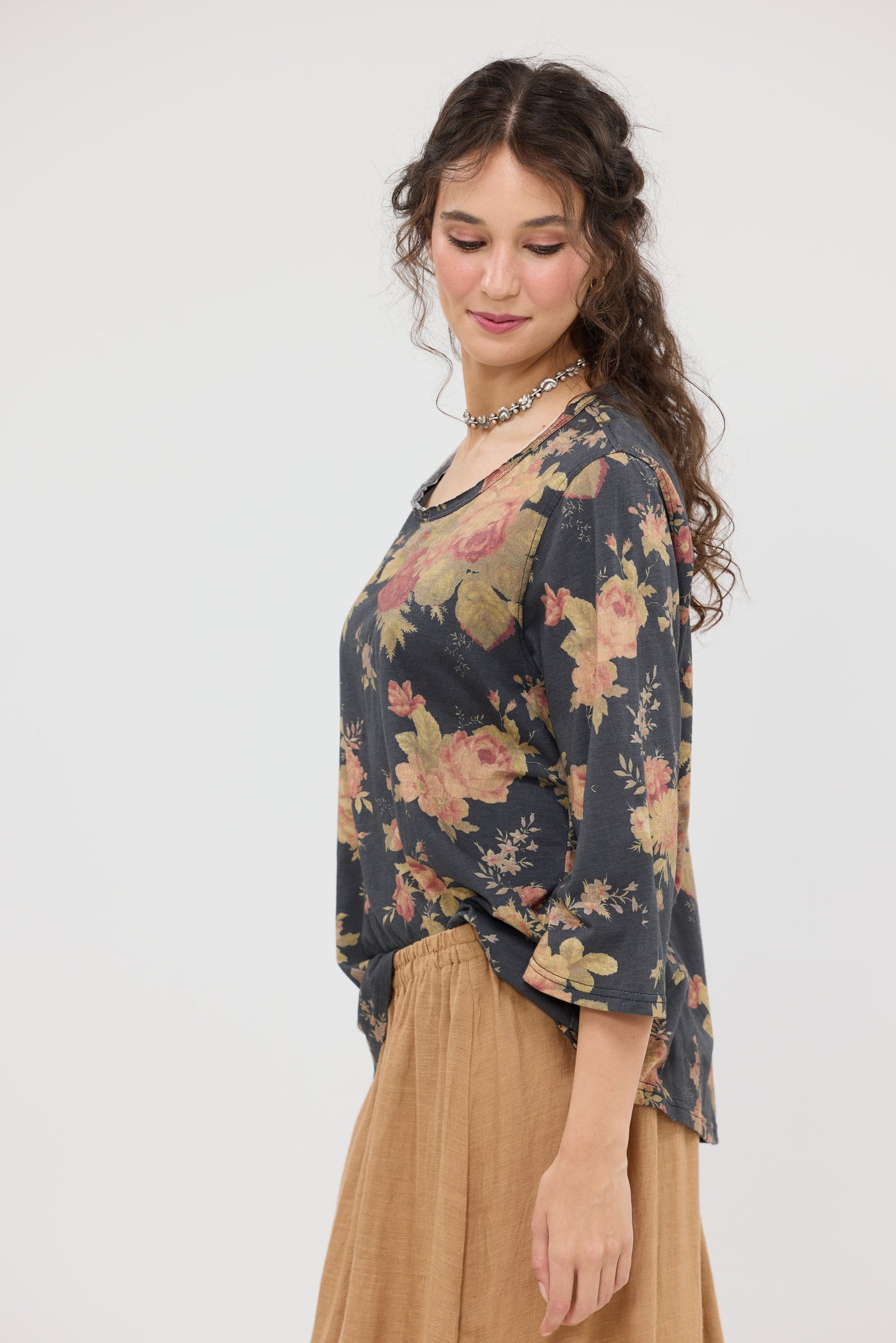 Talk to me in Flowers Tee. Vintage inspired relaxed fit top. Midnight Rose