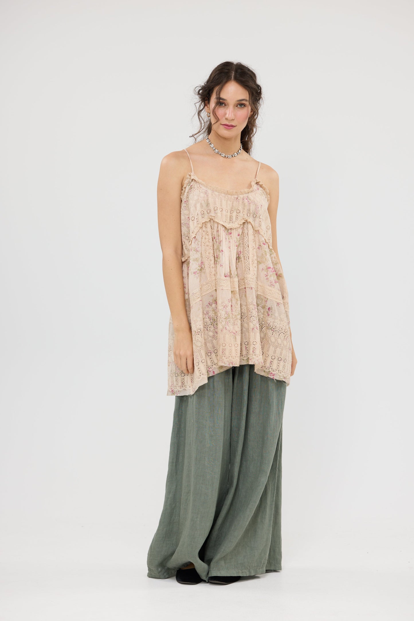 Celandine Embroidered Lace Cotton Camisole Top . Faded floral Posy
