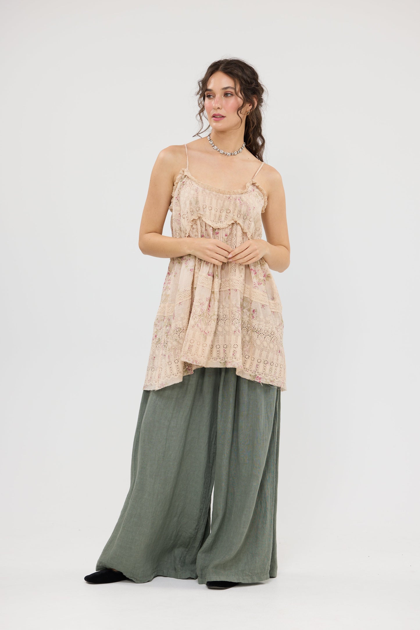 Celandine Embroidered Lace Cotton Camisole Top . Faded floral Posy