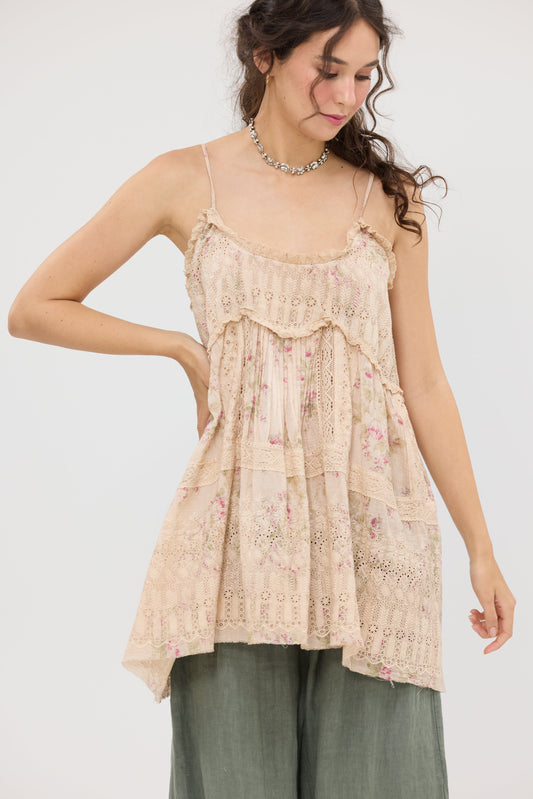 Celandine Embroidered Lace Cotton Camisole Top . Faded floral Posy