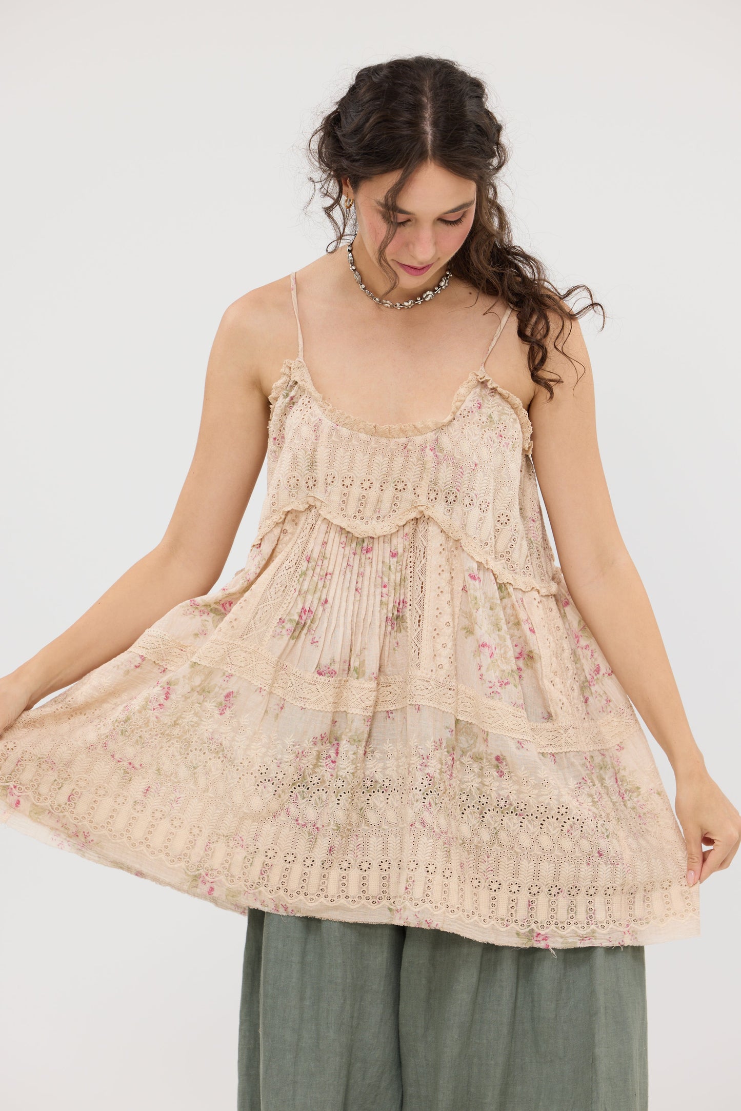 Celandine Embroidered Lace Cotton Camisole Top . Faded floral Posy