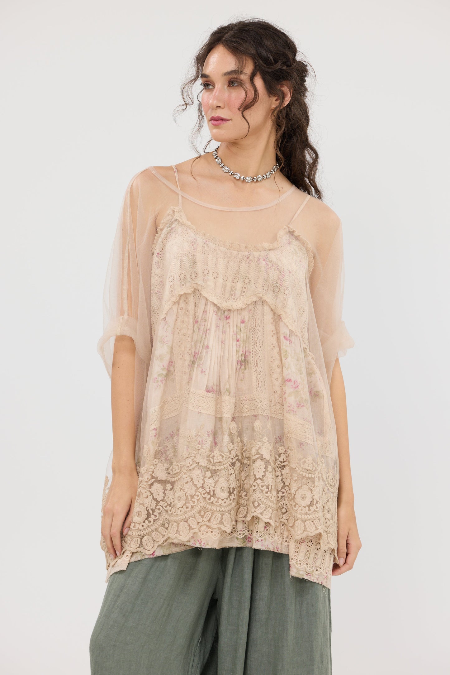 Celandine Embroidered Lace Cotton Camisole Top . Faded floral Posy