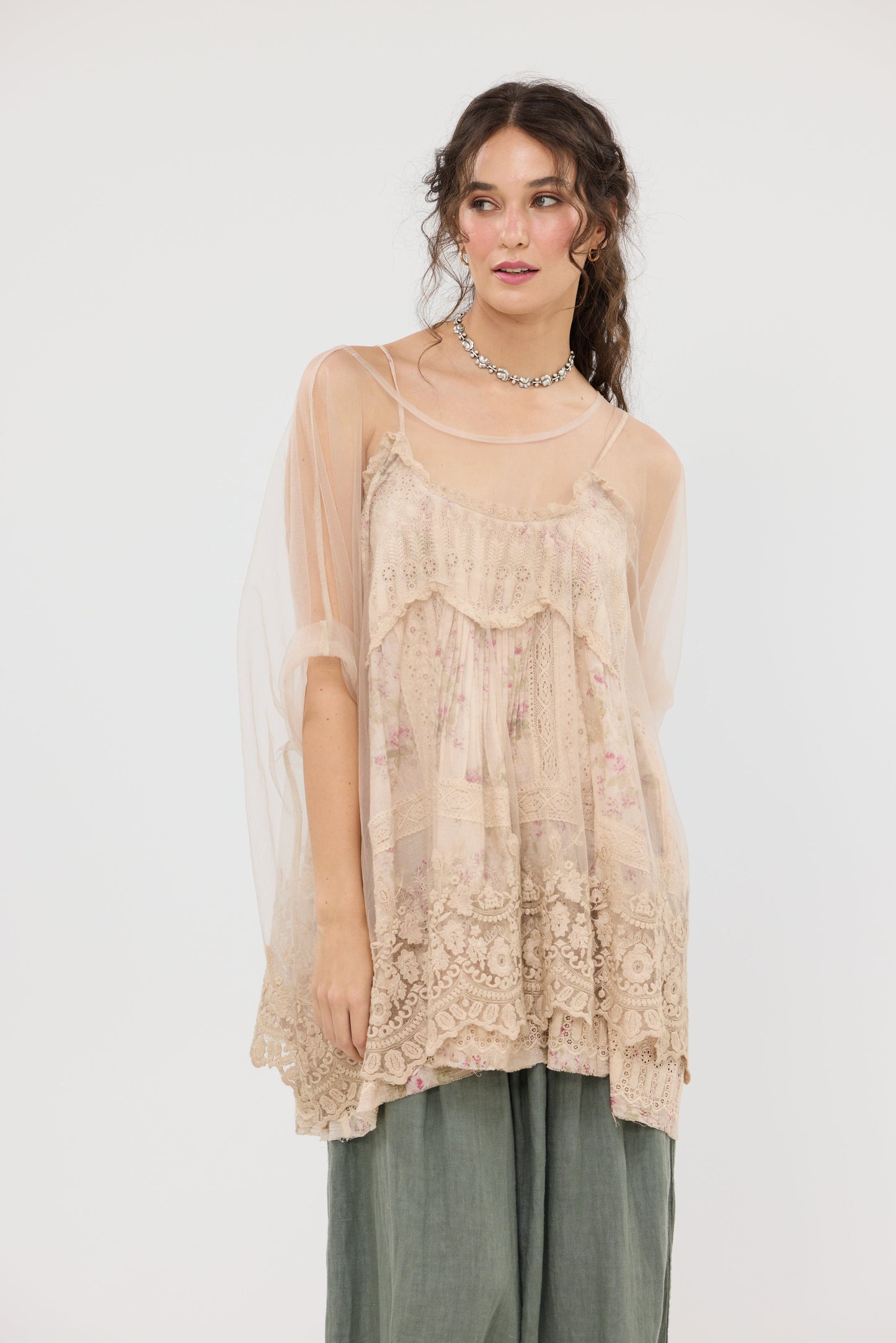 Chantilly sheer net and lace Romantic top. Champagne.