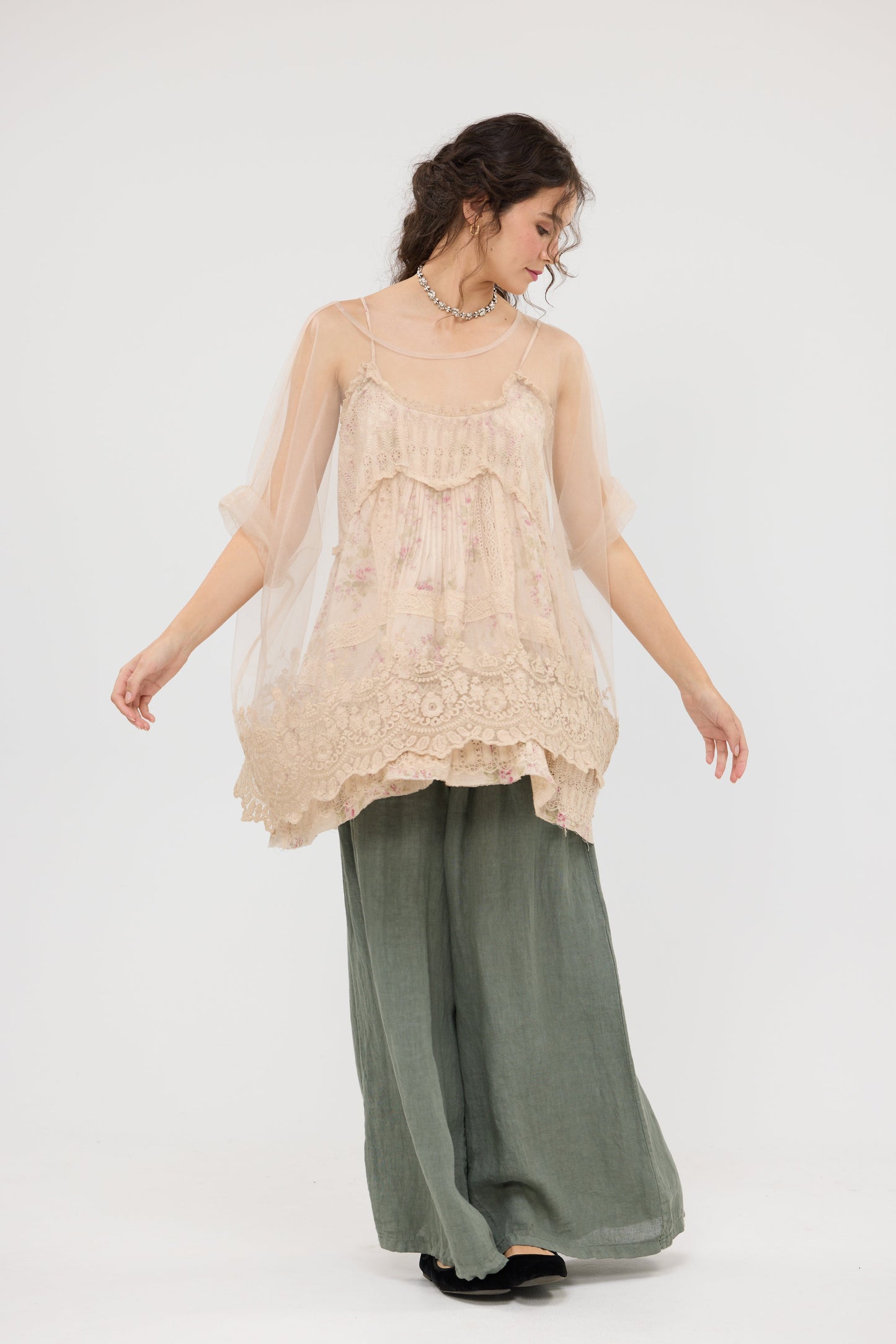 Chantilly sheer net and lace Romantic top. Champagne.