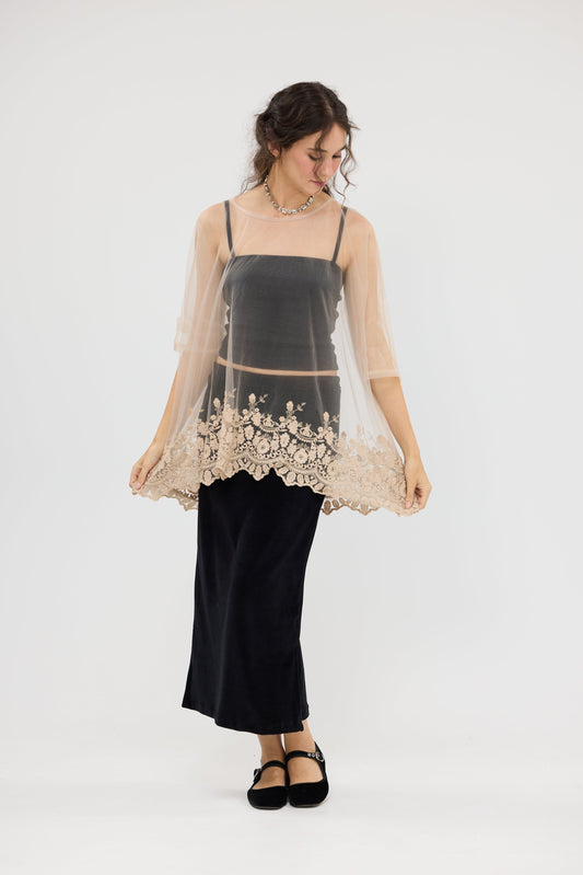 Chantilly sheer net and lace Romantic top. Champagne.