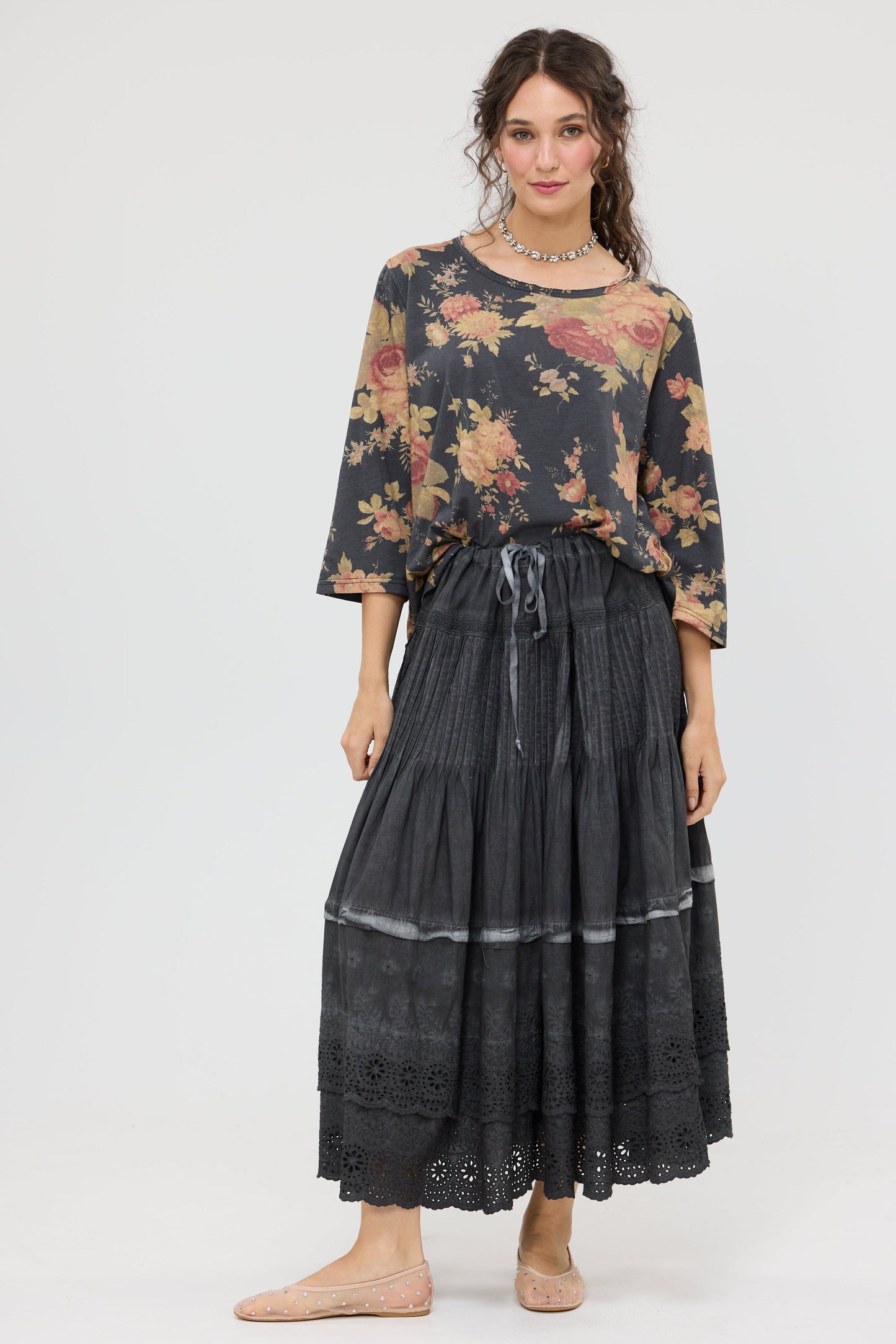 Talk to me in Flowers Tee. Vintage inspired relaxed fit top. Midnight Rose
