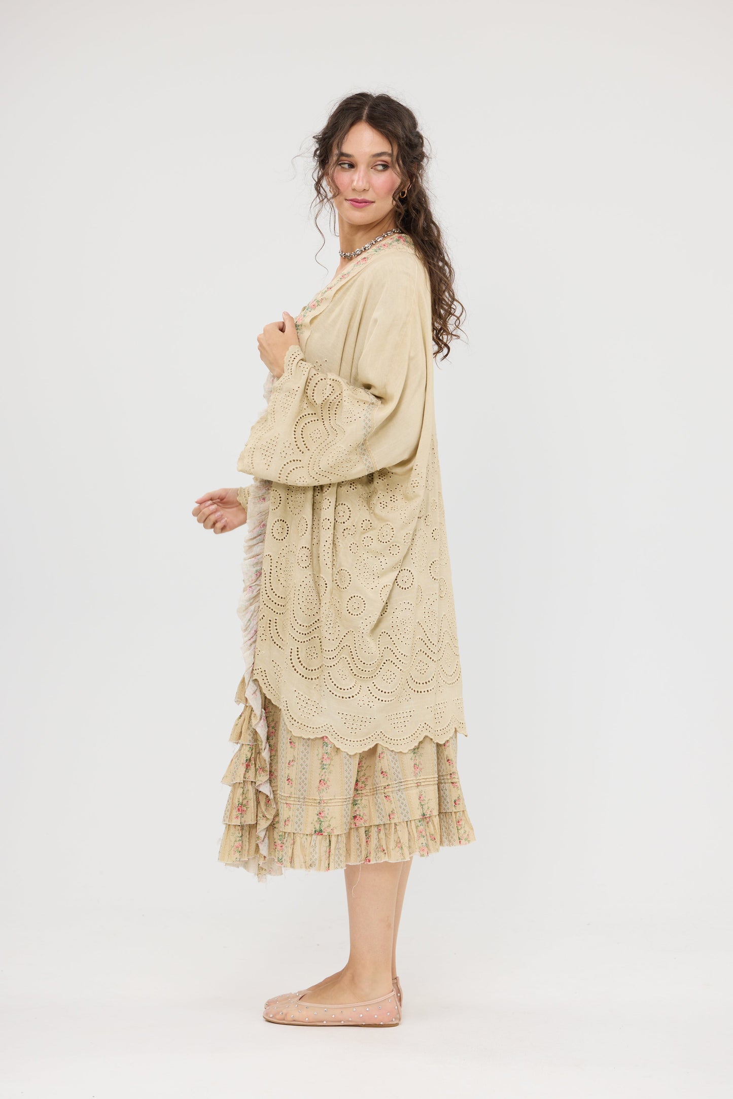 Columbine Linen + Cotton lace Kimono. Colour Stone with floral Petite de Fleurs fabric edging.