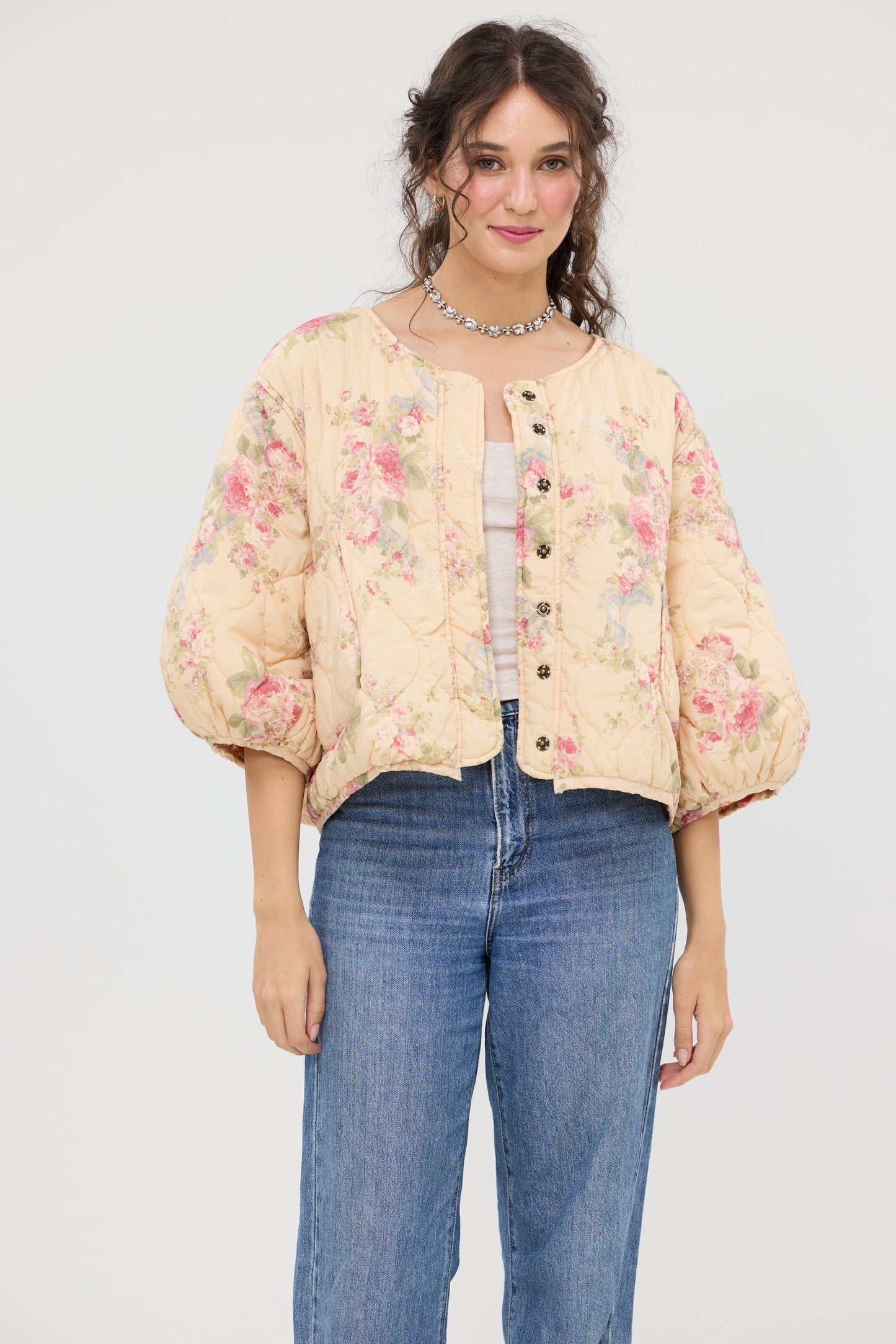 Mitsuko Padded cropped floral quilted jacket. Midnight Rose floral