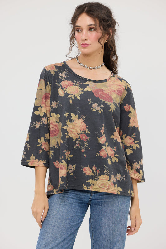 Talk to me in Flowers Tee. Vintage inspired relaxed fit top. Midnight Rose