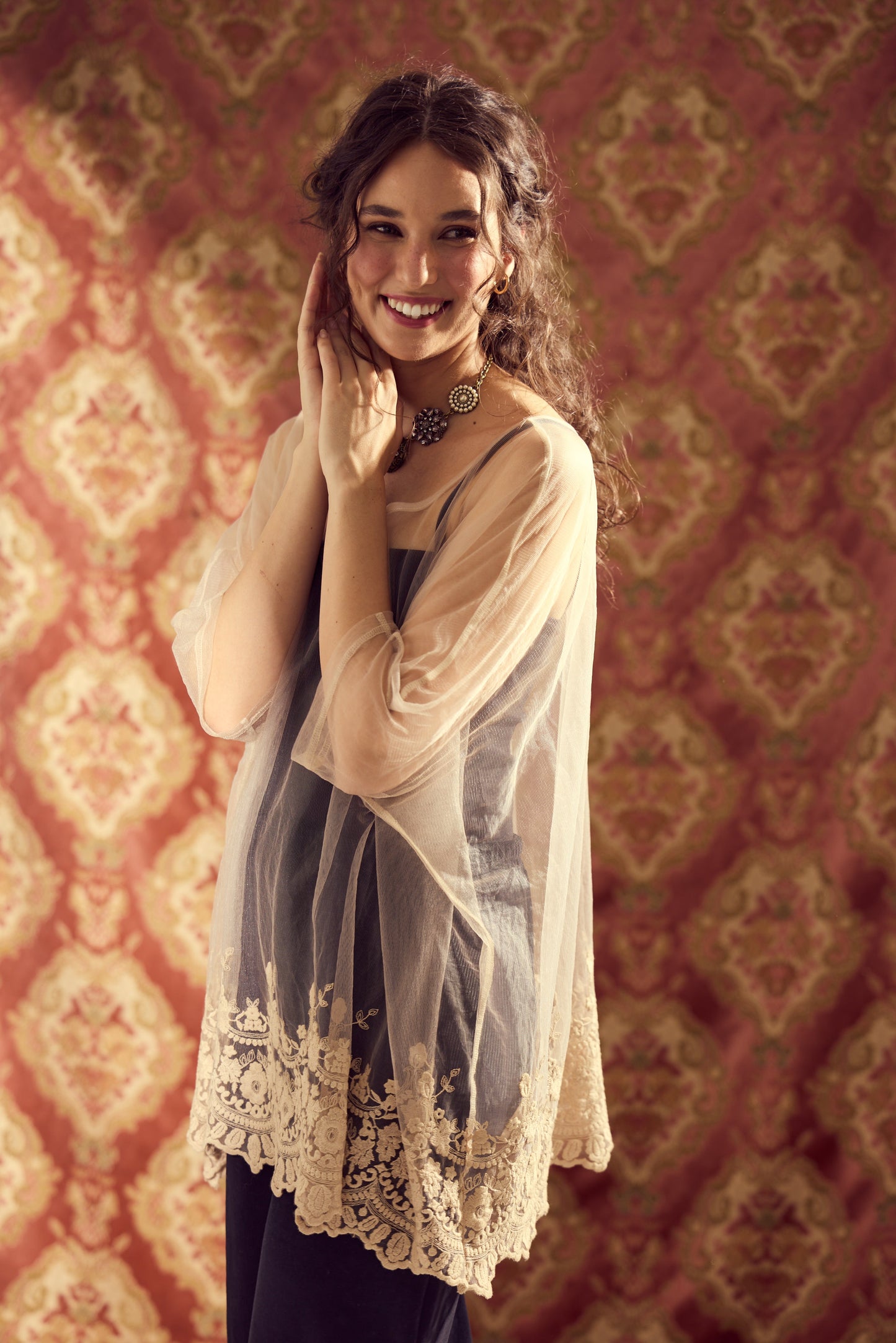 Chantilly sheer net and lace Romantic top. Champagne.