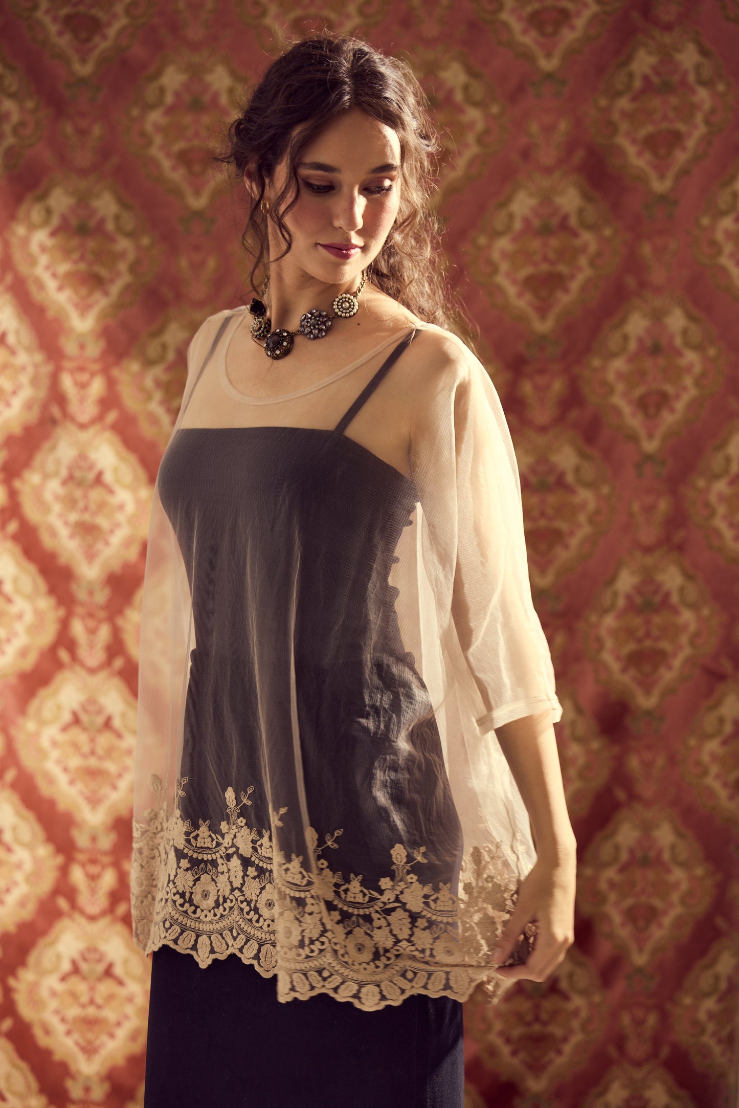 Chantilly sheer net and lace Romantic top. Champagne.