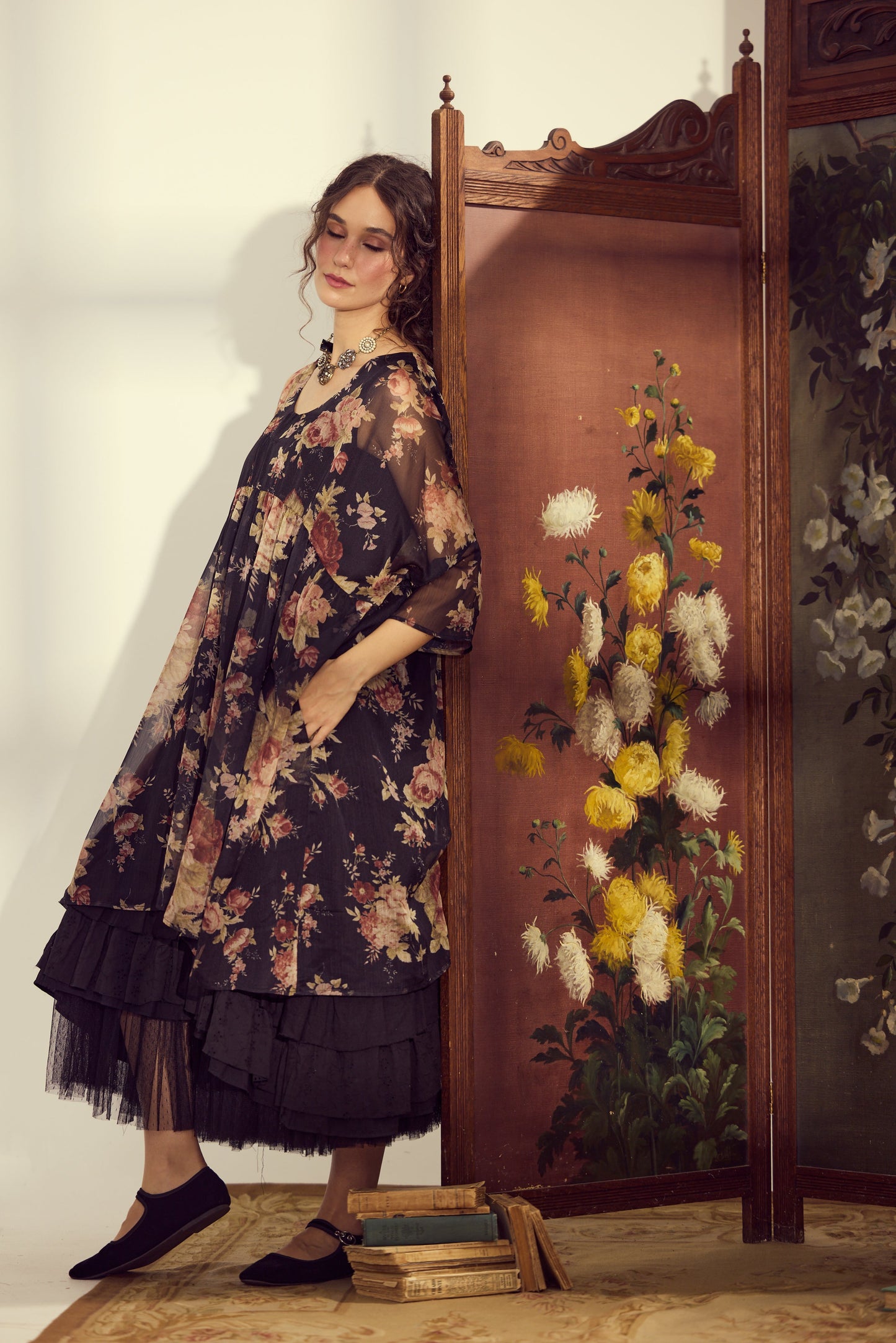 Larkspur Chiffon oversize dress. Midnight Rose.
