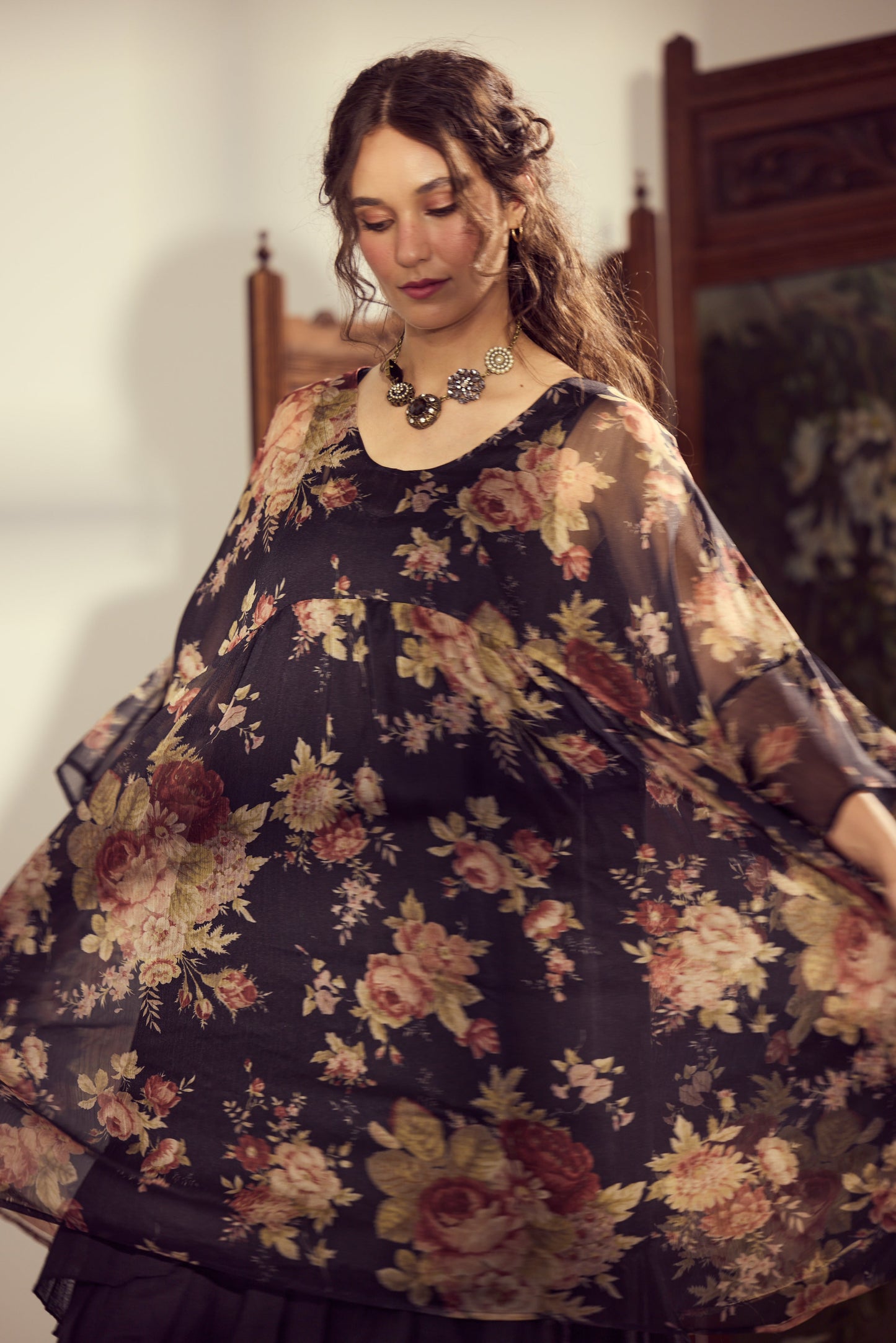 Larkspur Chiffon oversize dress. Midnight Rose.