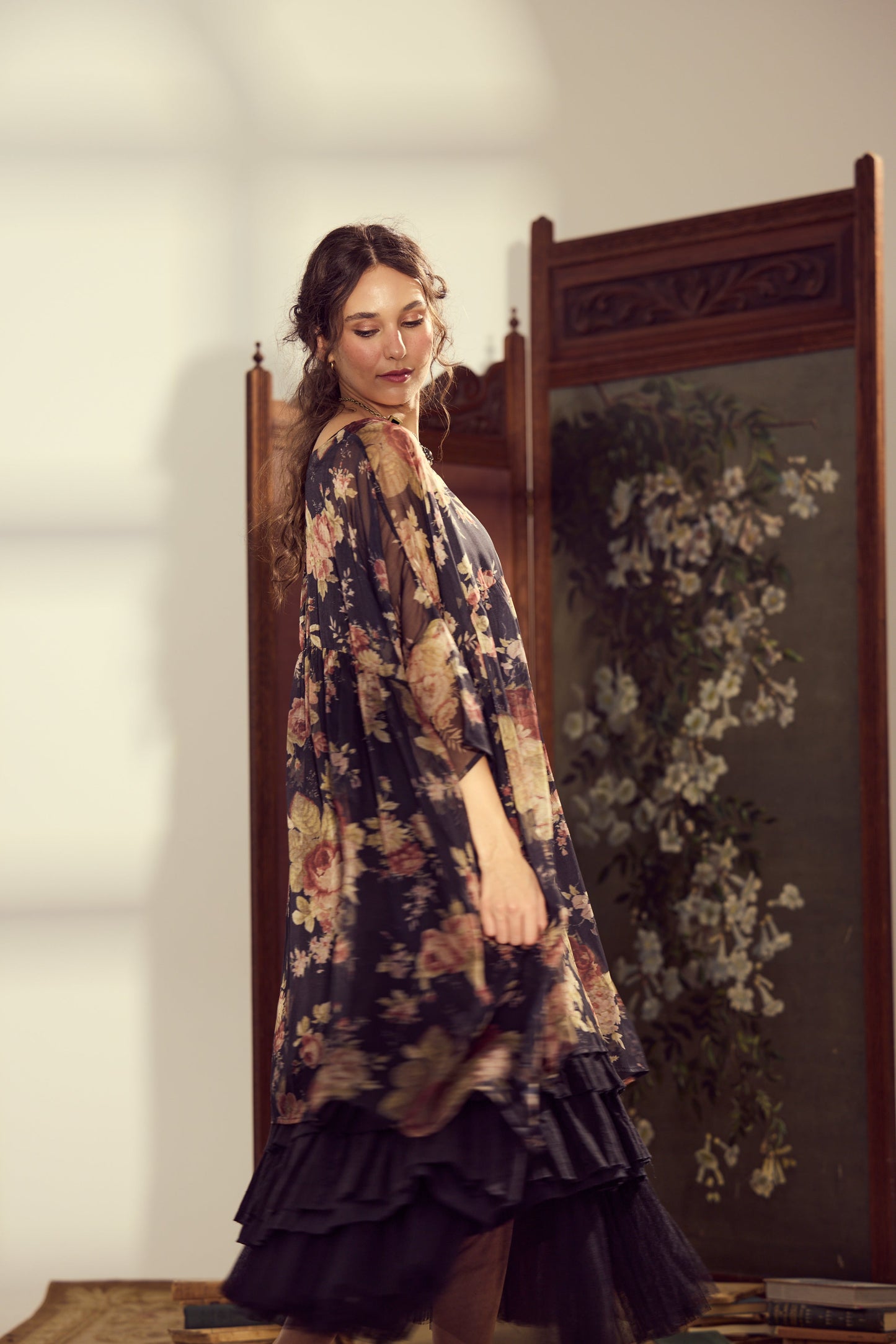 Larkspur Chiffon oversize dress. Midnight Rose.