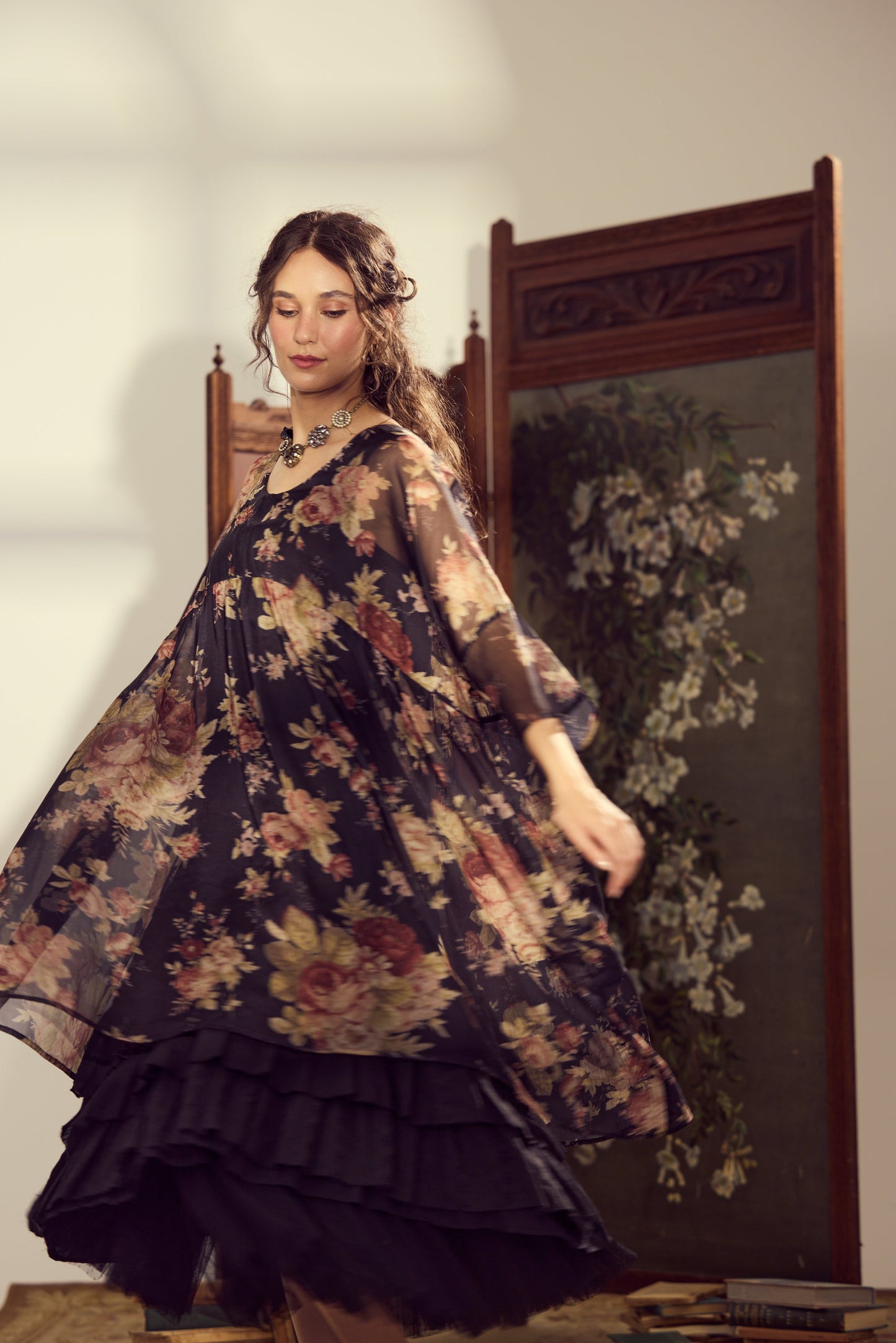Larkspur Chiffon oversize dress. Midnight Rose.