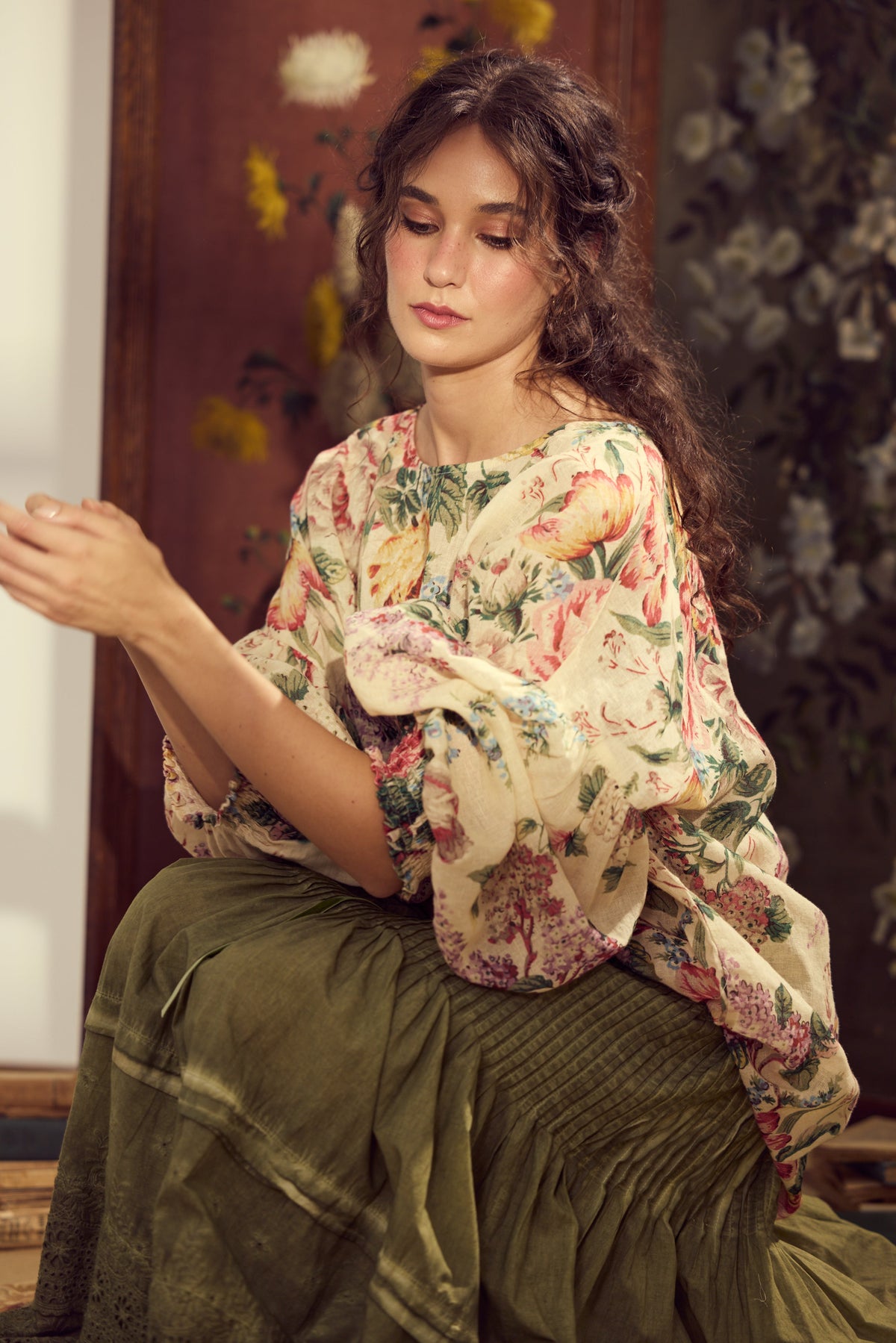 Florist. Linen and Cotton Botanical bouquet top in a fluid Romantic vintage inspired style.
