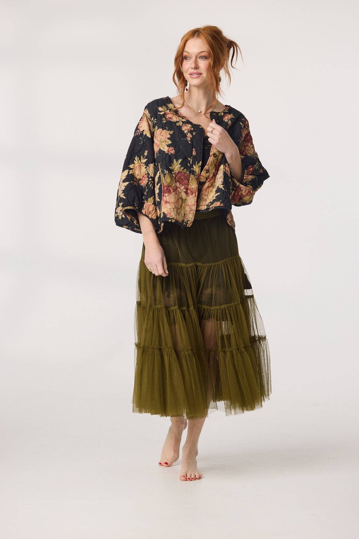 Mitsuko Padded cropped floral quilted jacket. Midnight Rose floral