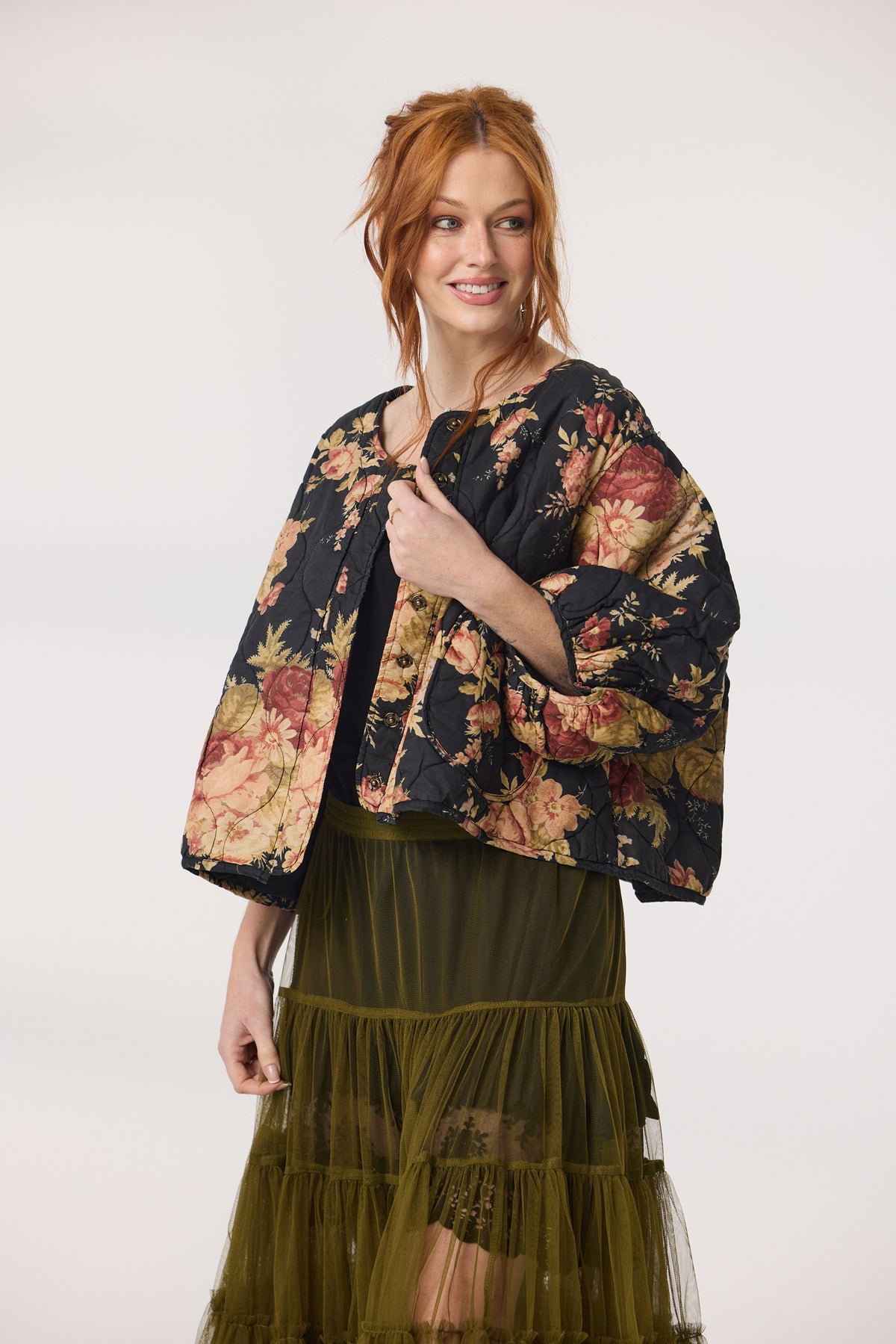 Mitsuko Padded cropped floral quilted jacket. Midnight Rose floral