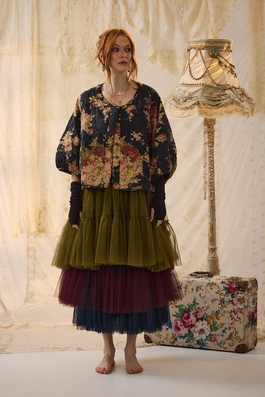 Mitsuko Padded cropped floral quilted jacket. Midnight Rose floral