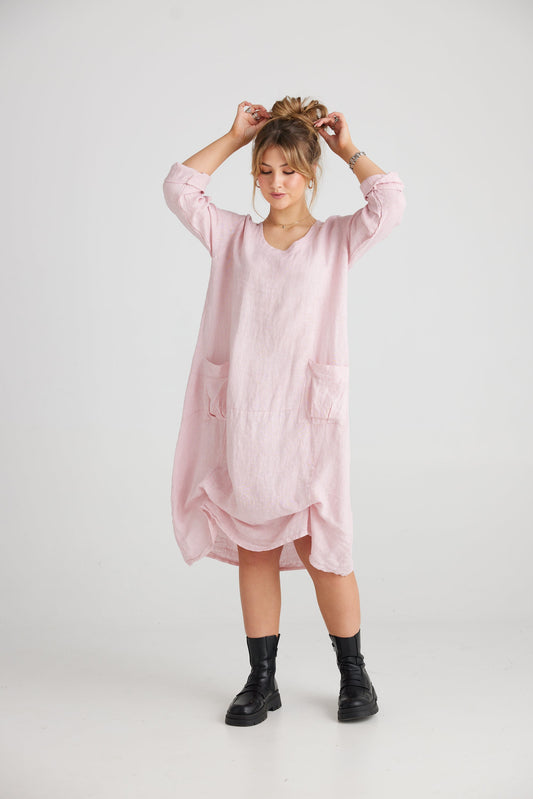 Primavera linen Dress . pink. Long sleeve